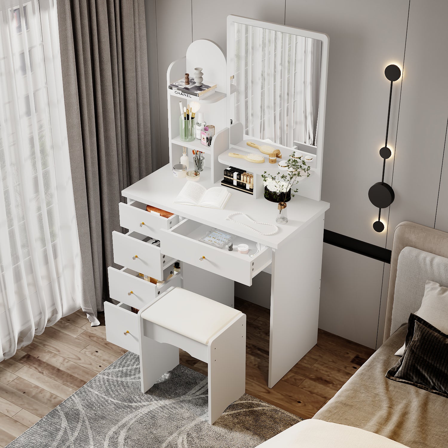 Modern Vanity Desk With Mirror, 5 Drawers, Shelves And Matching Stool, Makeup Dressing Table