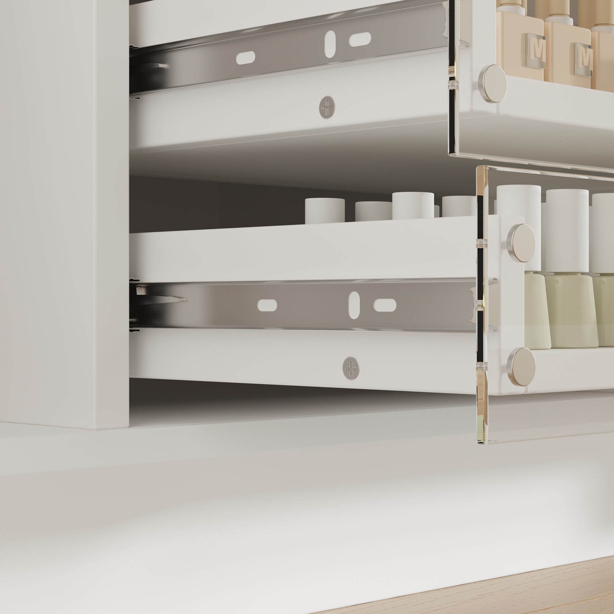 White nail polish storage cabinet with clear drawers, shelves, and side cabinet door