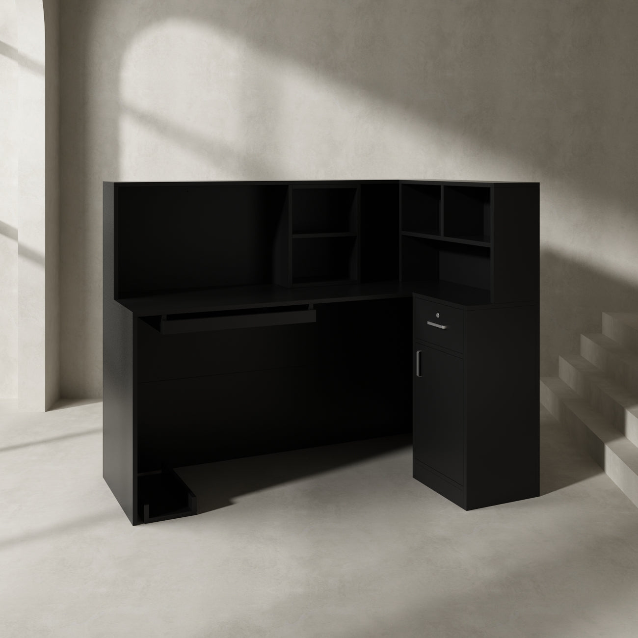 L-Shaped Reception Desk with Large Storage Filing Cabinets