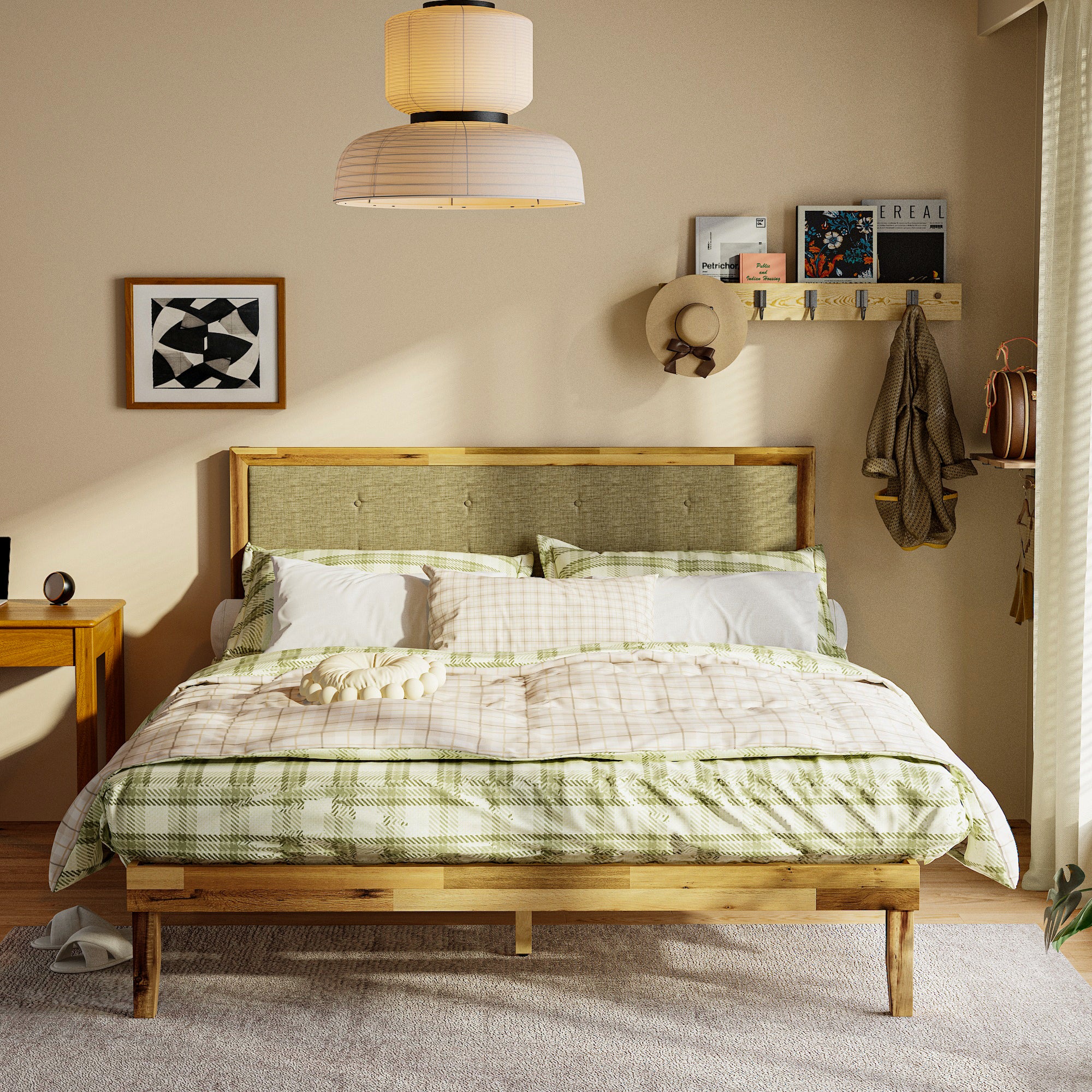 Rustic Solid Acacia Wood Platform Bed Frame With Upholstered Headboard, No Box Spring Needed