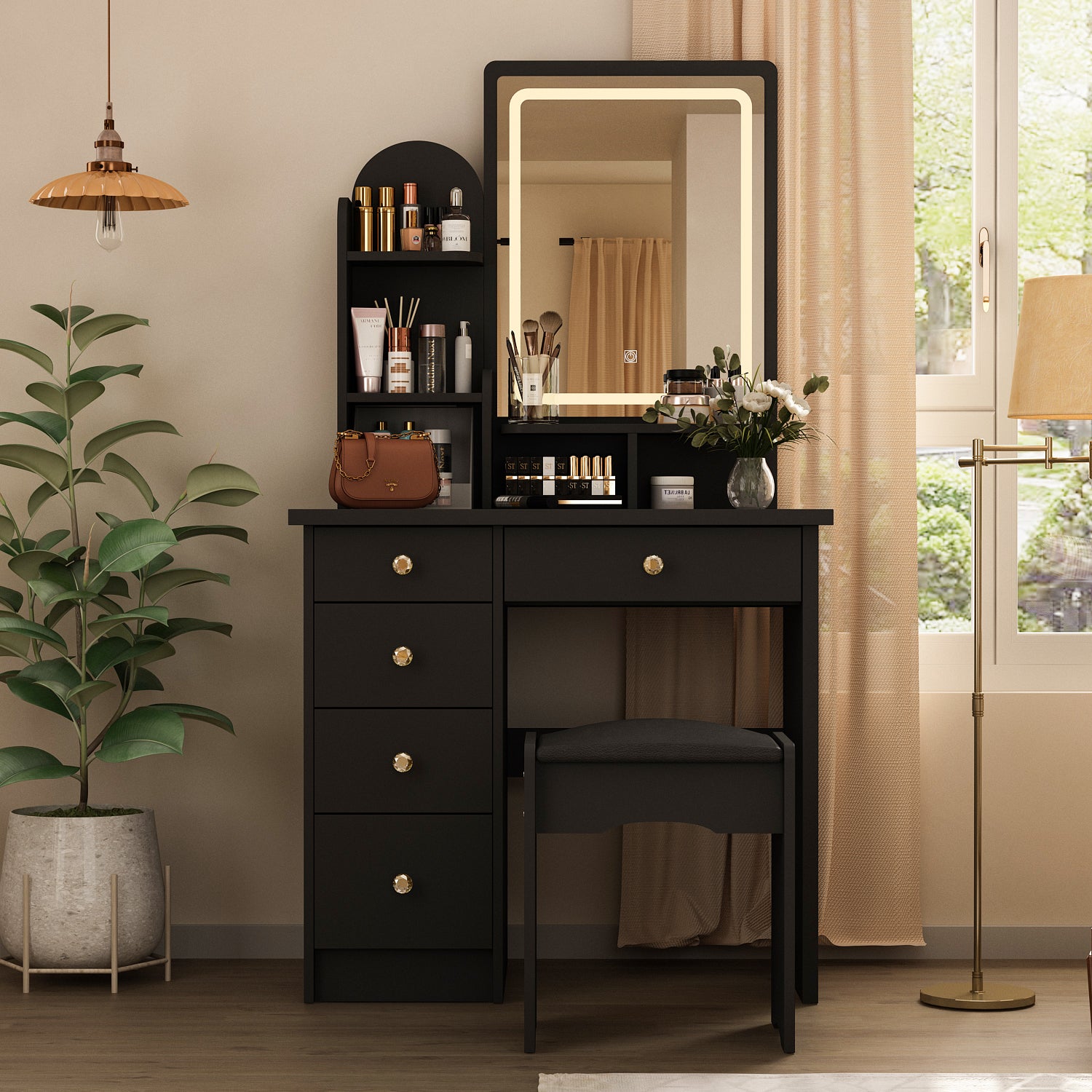 Modern Vanity Desk With LED Mirror, 5 Drawers, Shelves And Matching Stool, Makeup Dressing Table
