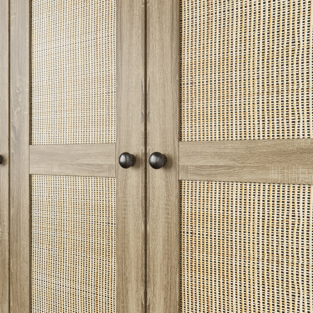 63 inch Rustic 4-Door Wardrobe Armoire with Rattan Paneling, 6 Drawers & 2 Hanging Rods