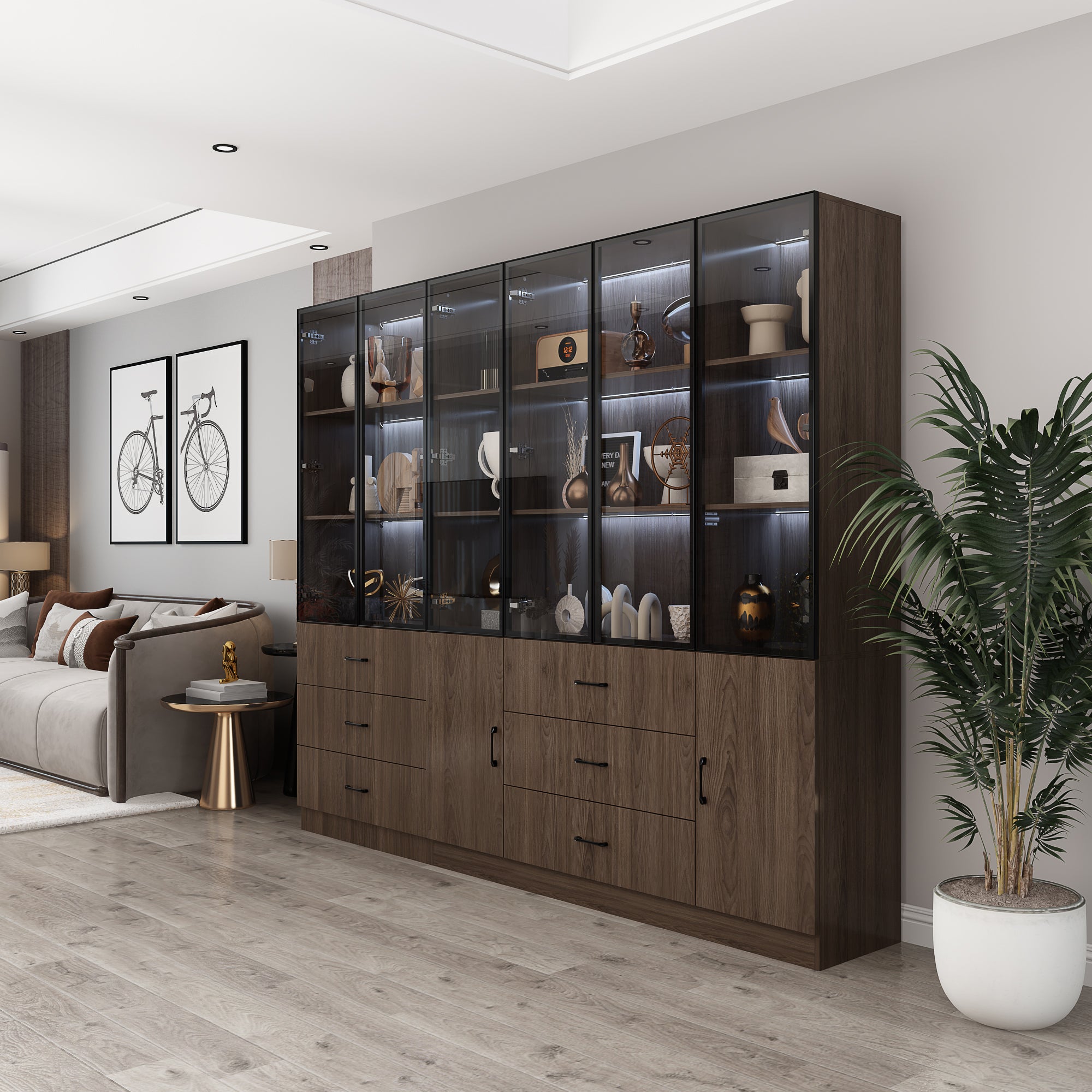 94.4" Wide Glass Door & LED Lights Display Case Curio Cabinet