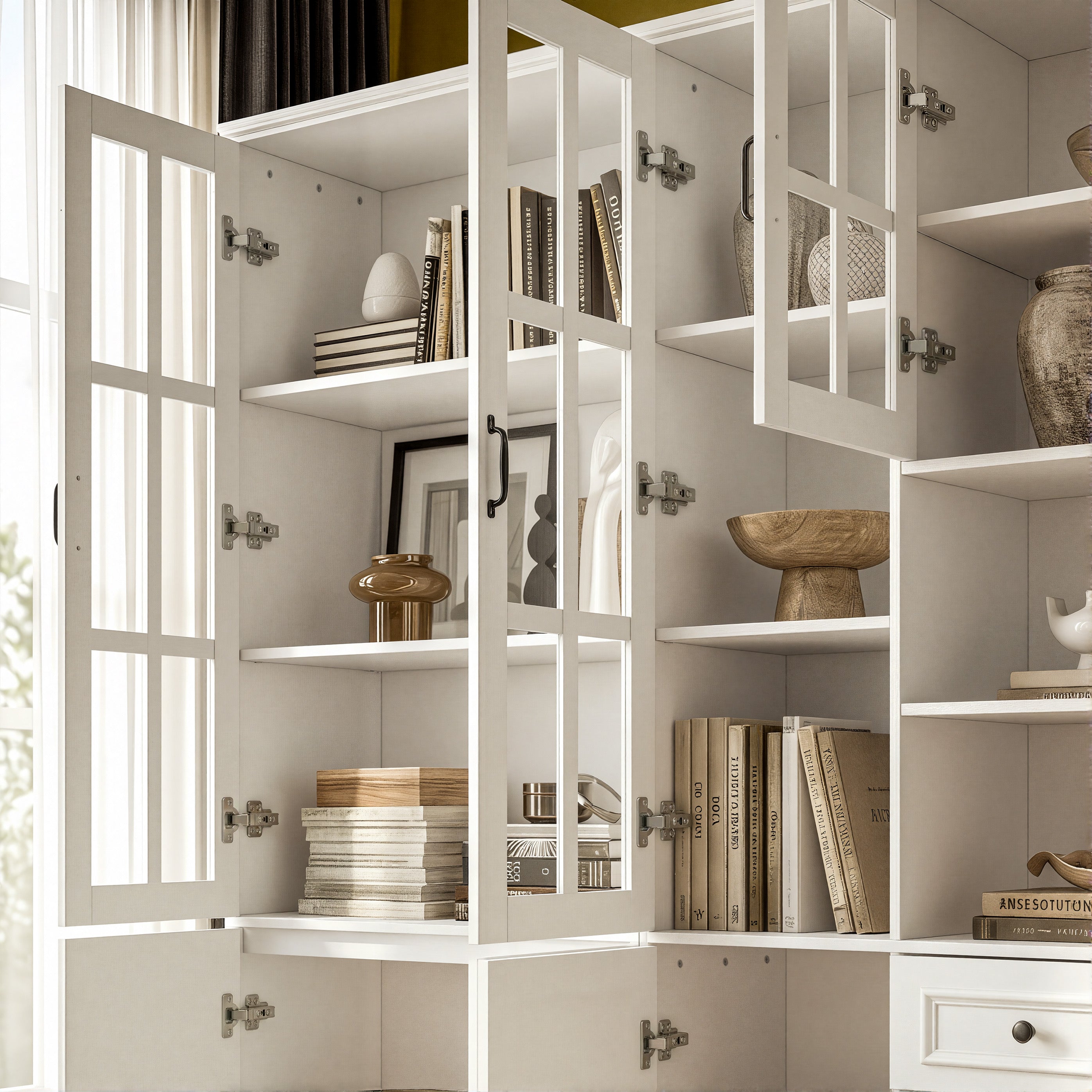 94.5 inch Modern White Tall Display Bookcase with 6 Tiers & Gold Arched Handles