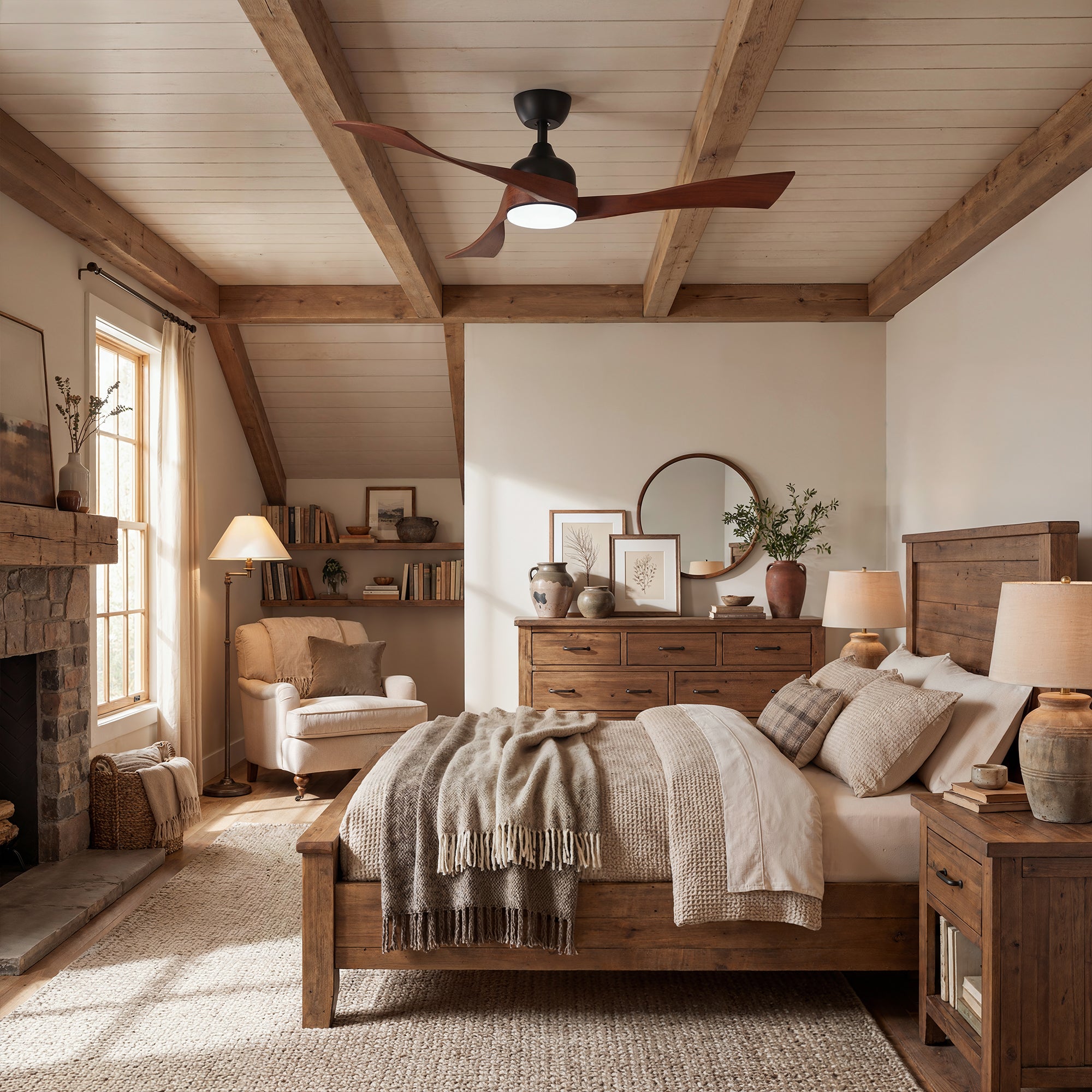 Cozy bedroom with wooden furniture, fireplace, and decorative elements.