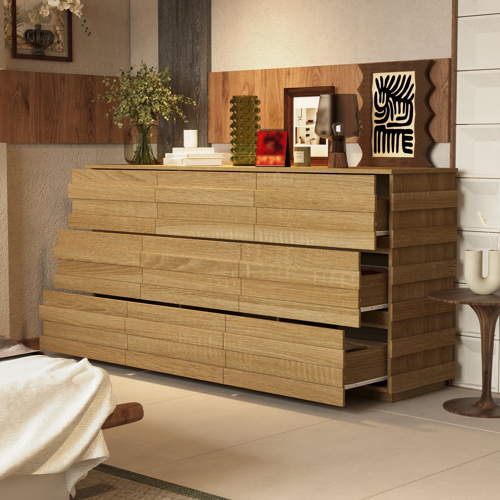 9 - Drawer Dresser Storage Cabinet: Light Wood Finish with a Modern Linear Design for Ample Storage