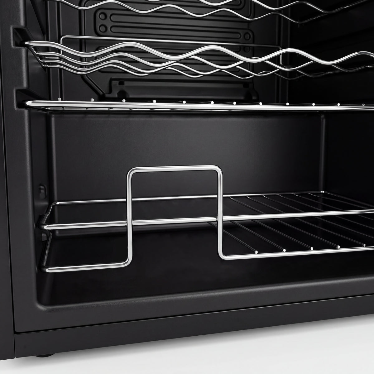 Black wine fridge with glass door and digital temperature display