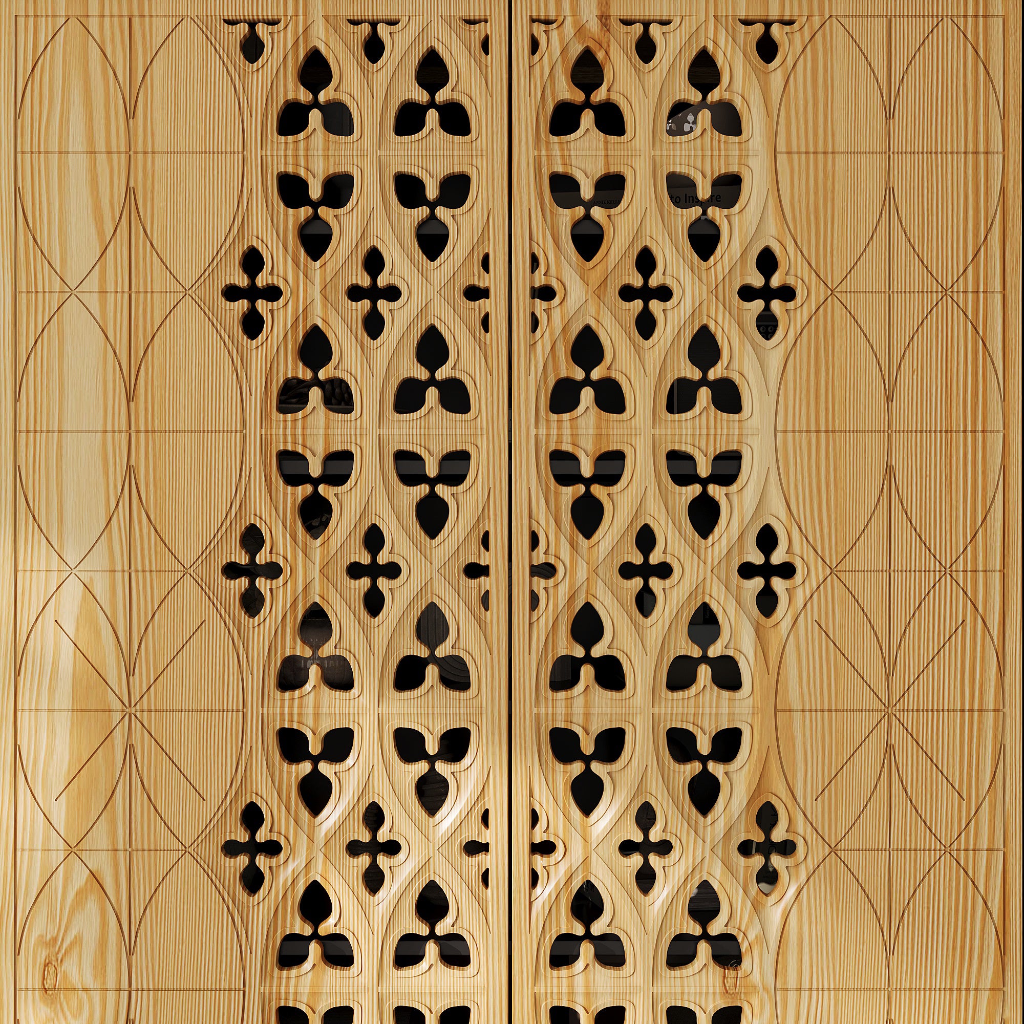 Wooden panel with intricate black geometric pattern