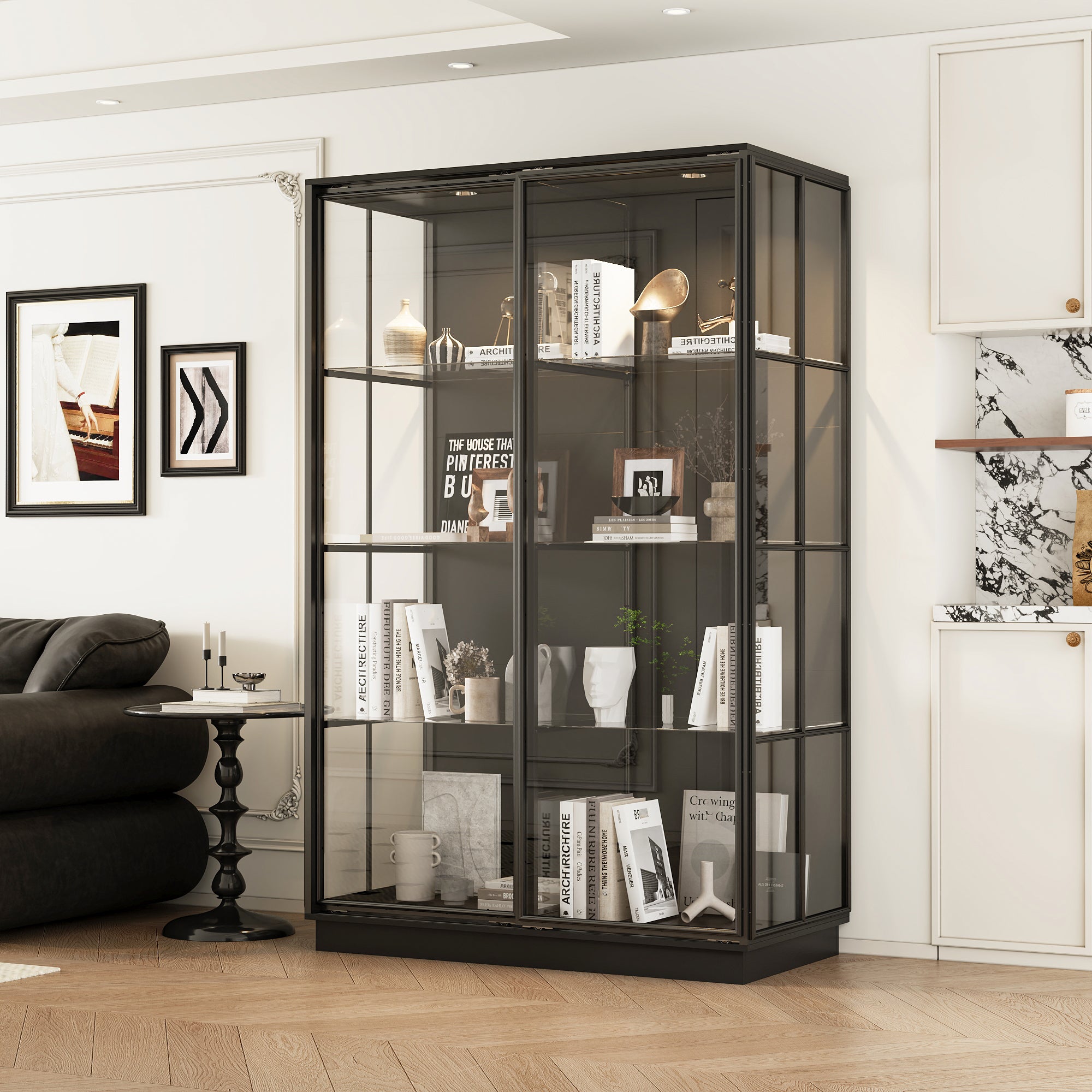 75'' H X 48'' W x 23.6'' D 4-Tier Display Cabinet Bookcase With Glass Doors And LED Light