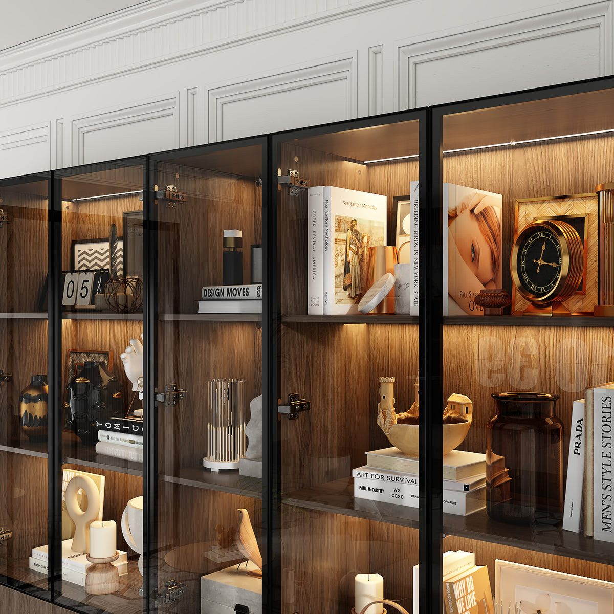 110.2 inch Modern Glass Doors Display Case with LED Lights and Drawers