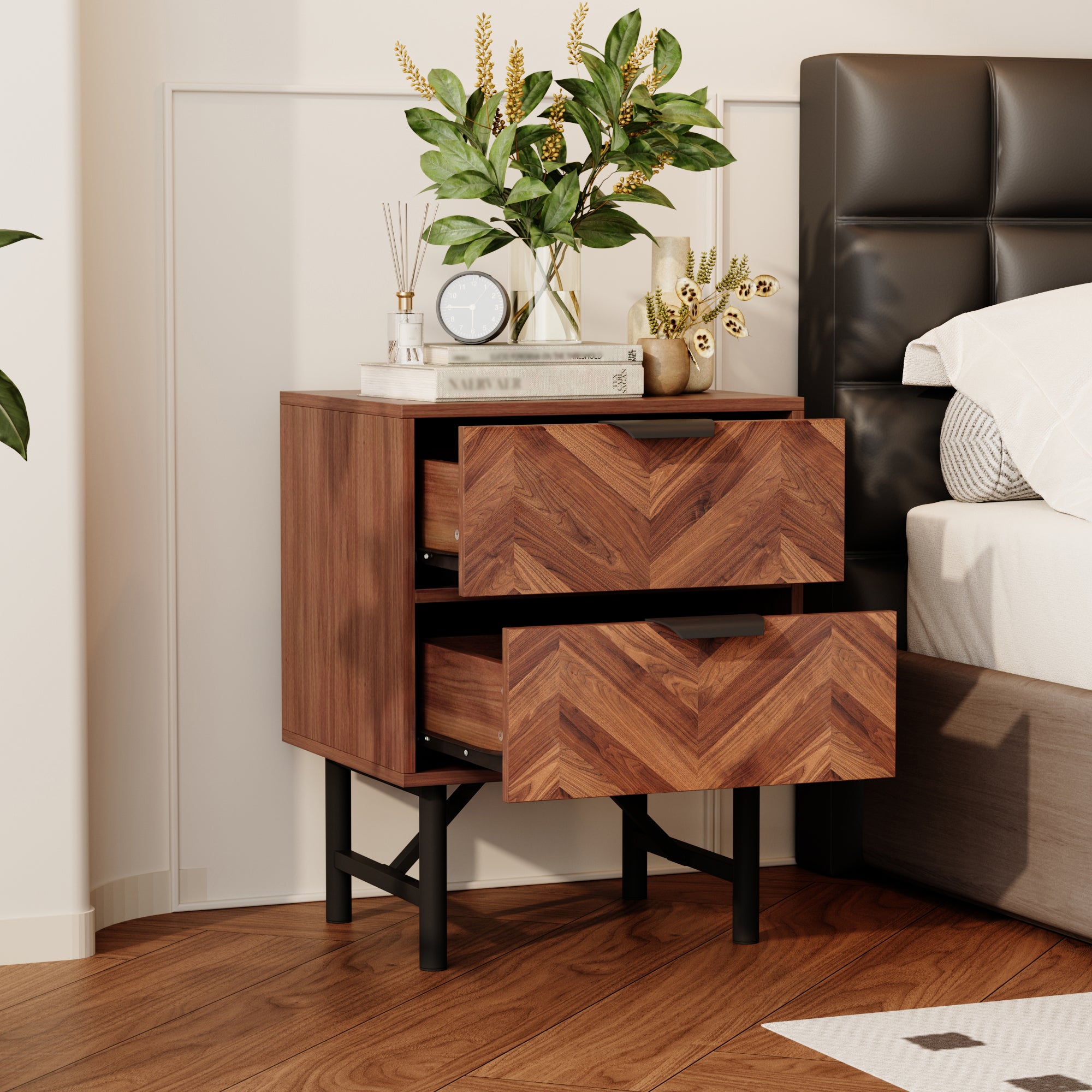 18.9" Rustic Brown Wood Grain 2-Drawer Bedside Table Nightstand