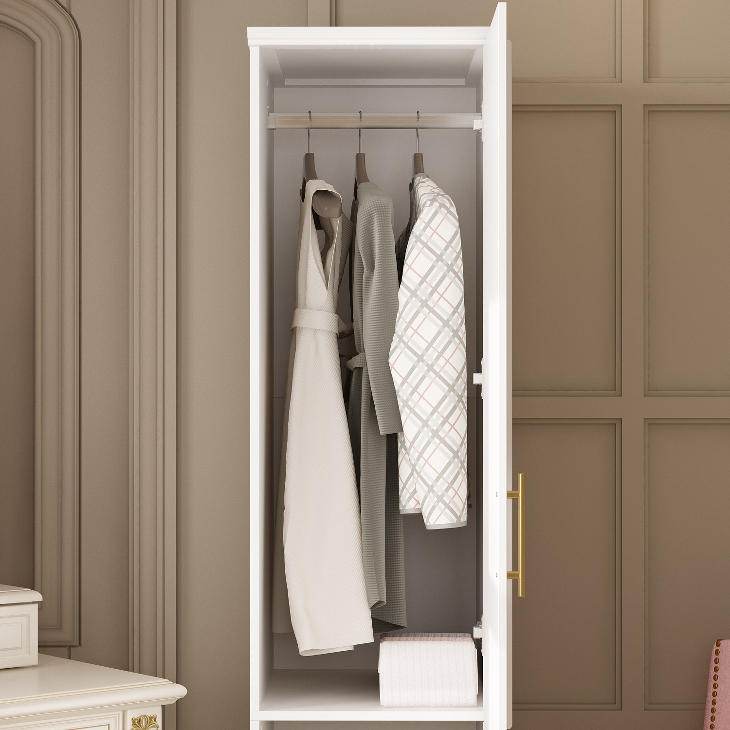 Compact Wardrobe With Dual Doors, Space-Saving Design With Golden Handles And Multiple Storage Sections