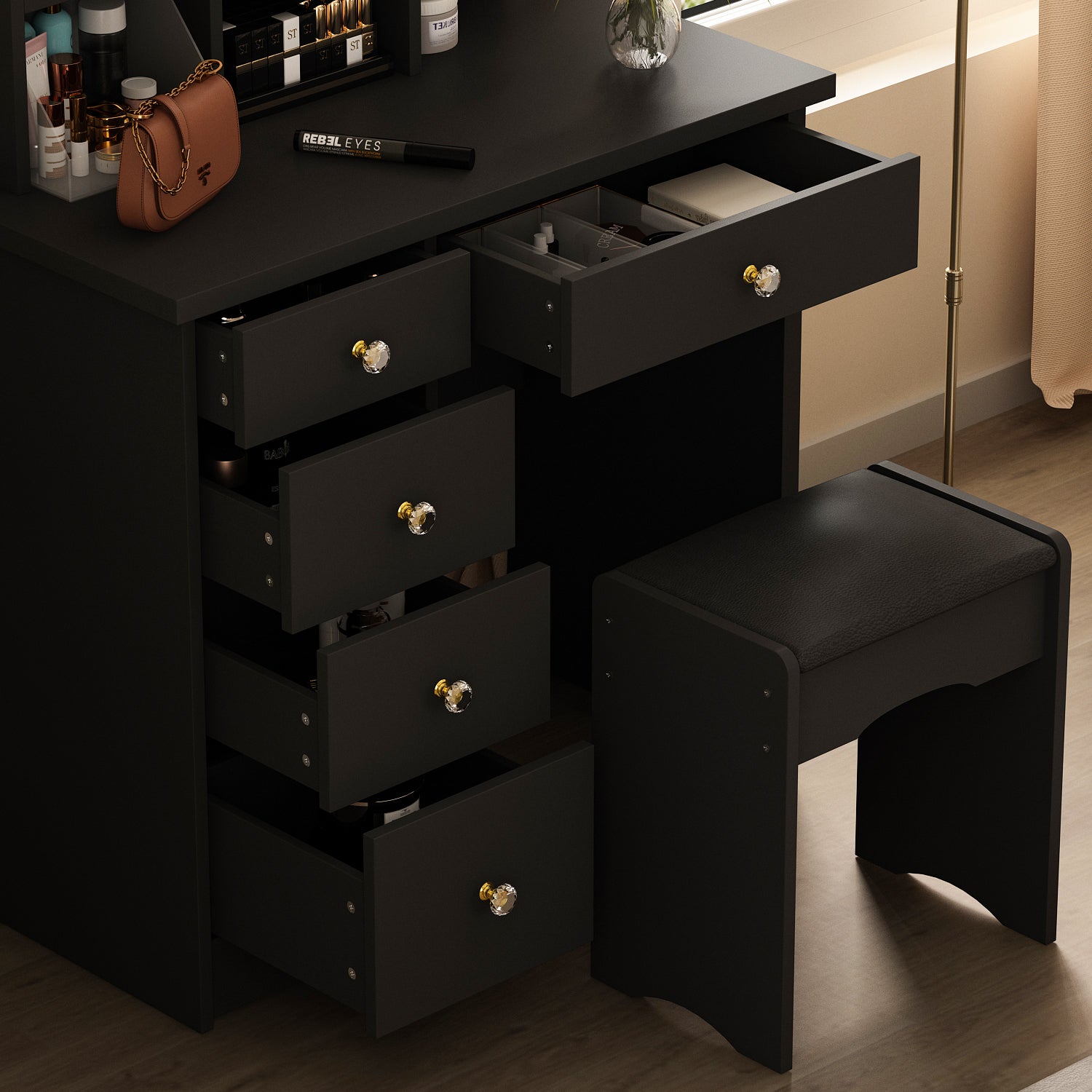 Modern Vanity Desk With Mirror, 5 Drawers, Shelves And Matching Stool, Makeup Dressing Table