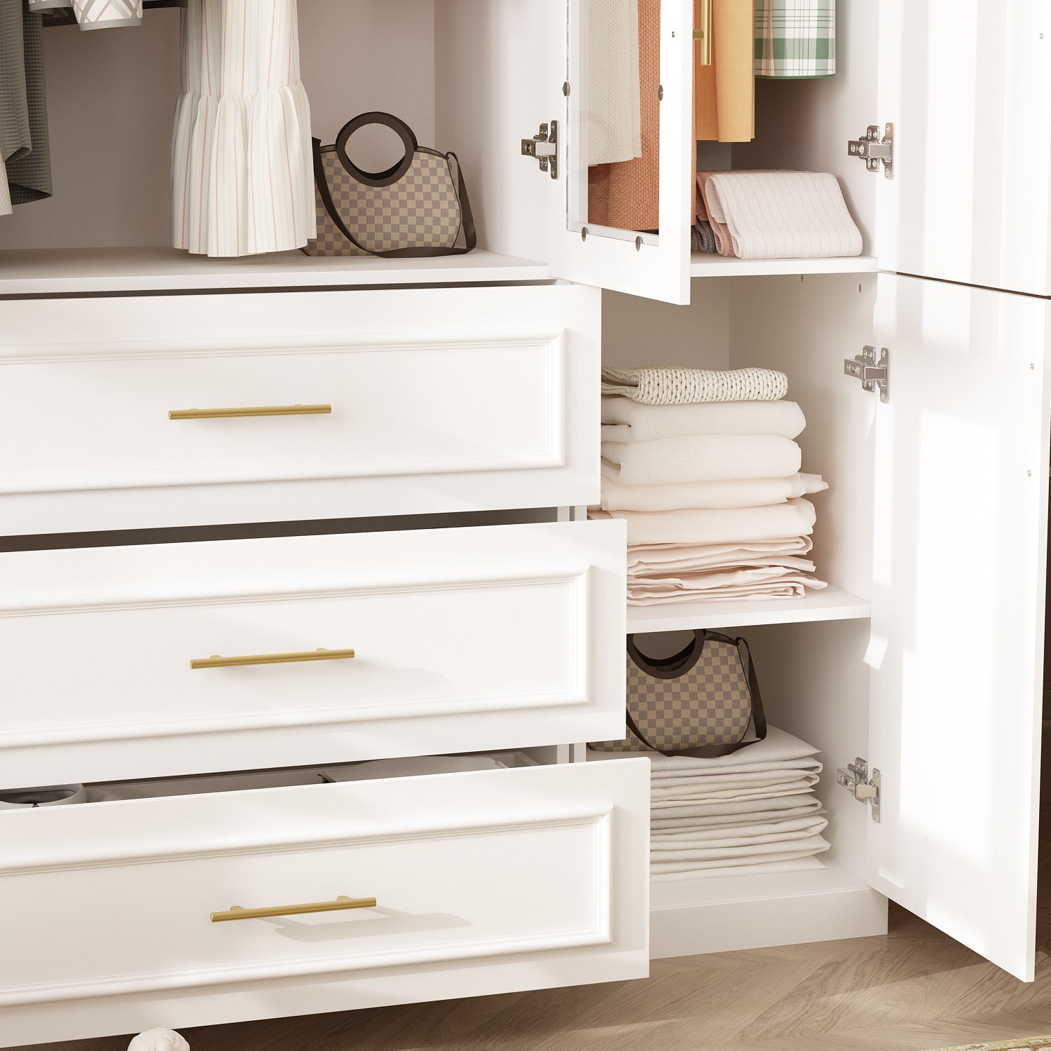 74.9"H Bedroom Armoire with Glass Doors, 3 Drawers & Hanging Rod for Organized Clothing Storage