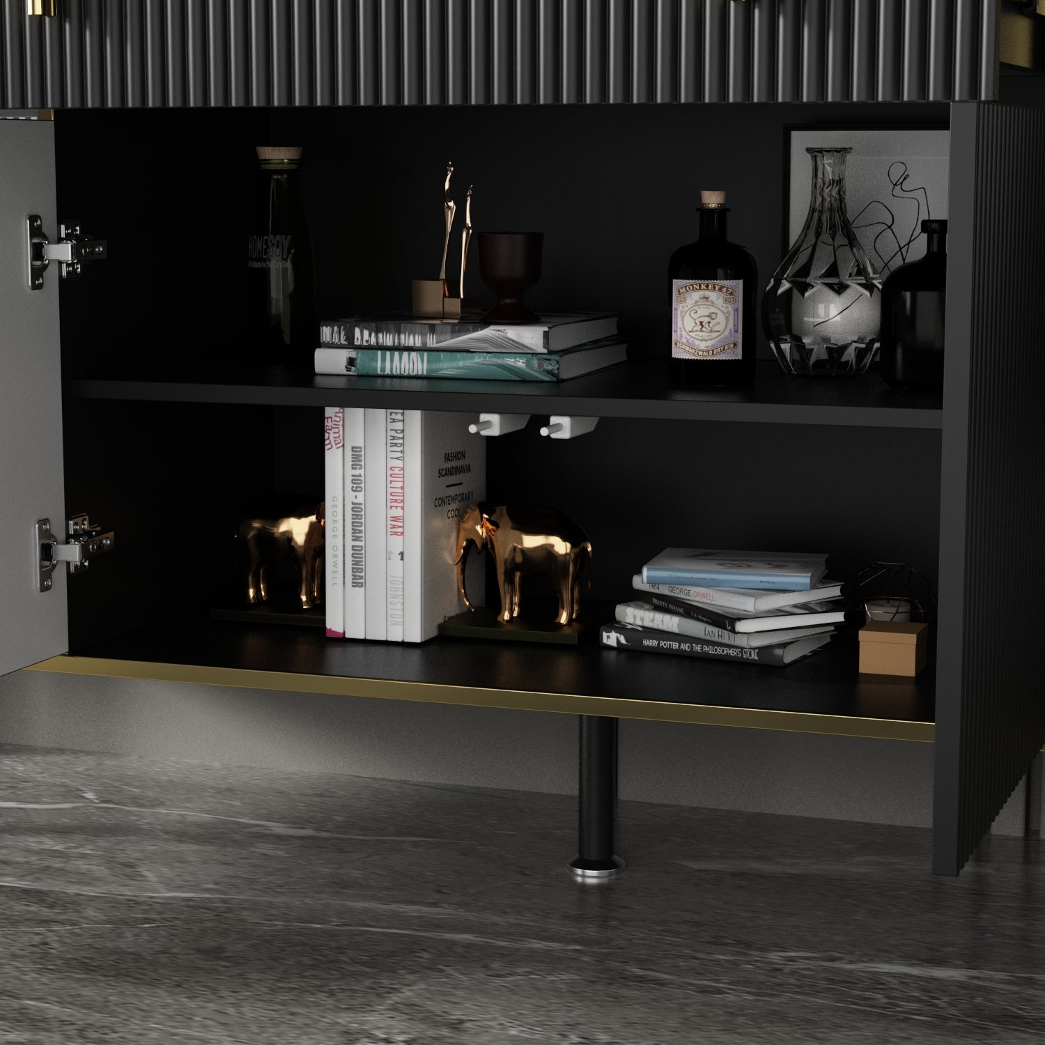 Wide Sideboard Buffet Storage Cabinet in Black with Drawer & Pop-up Doors