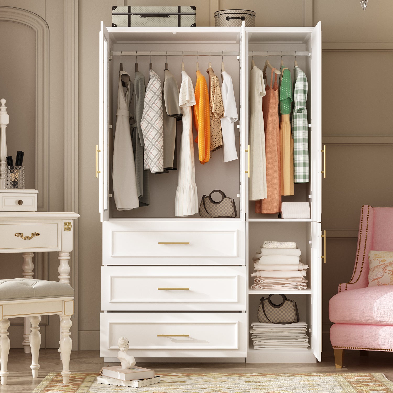 74.9"H Bedroom Armoire with Glass Doors, 3 Drawers & Hanging Rod for Organized Clothing Storage