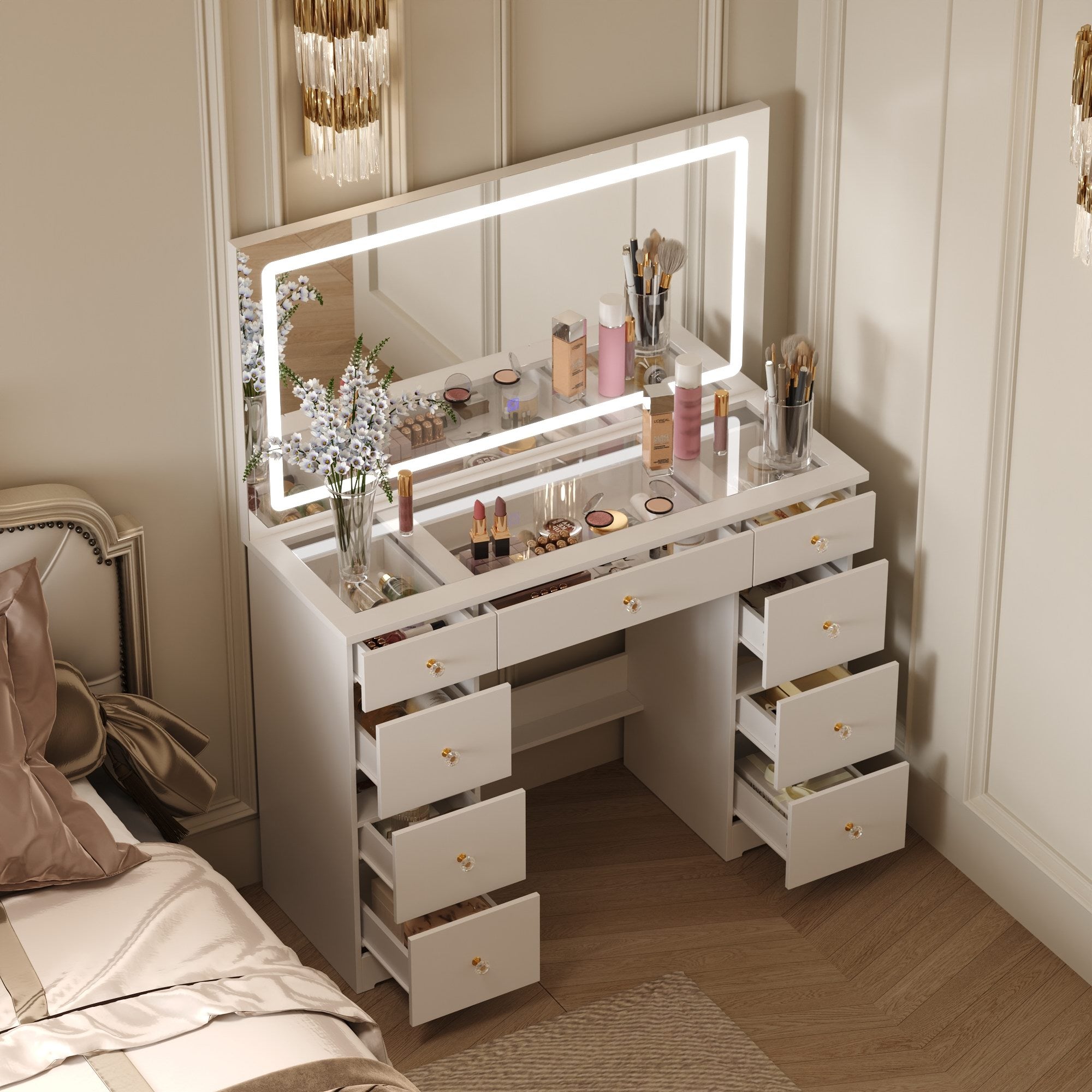 Modern Makeup Vanity With Lighted Mirror And Strong Storage