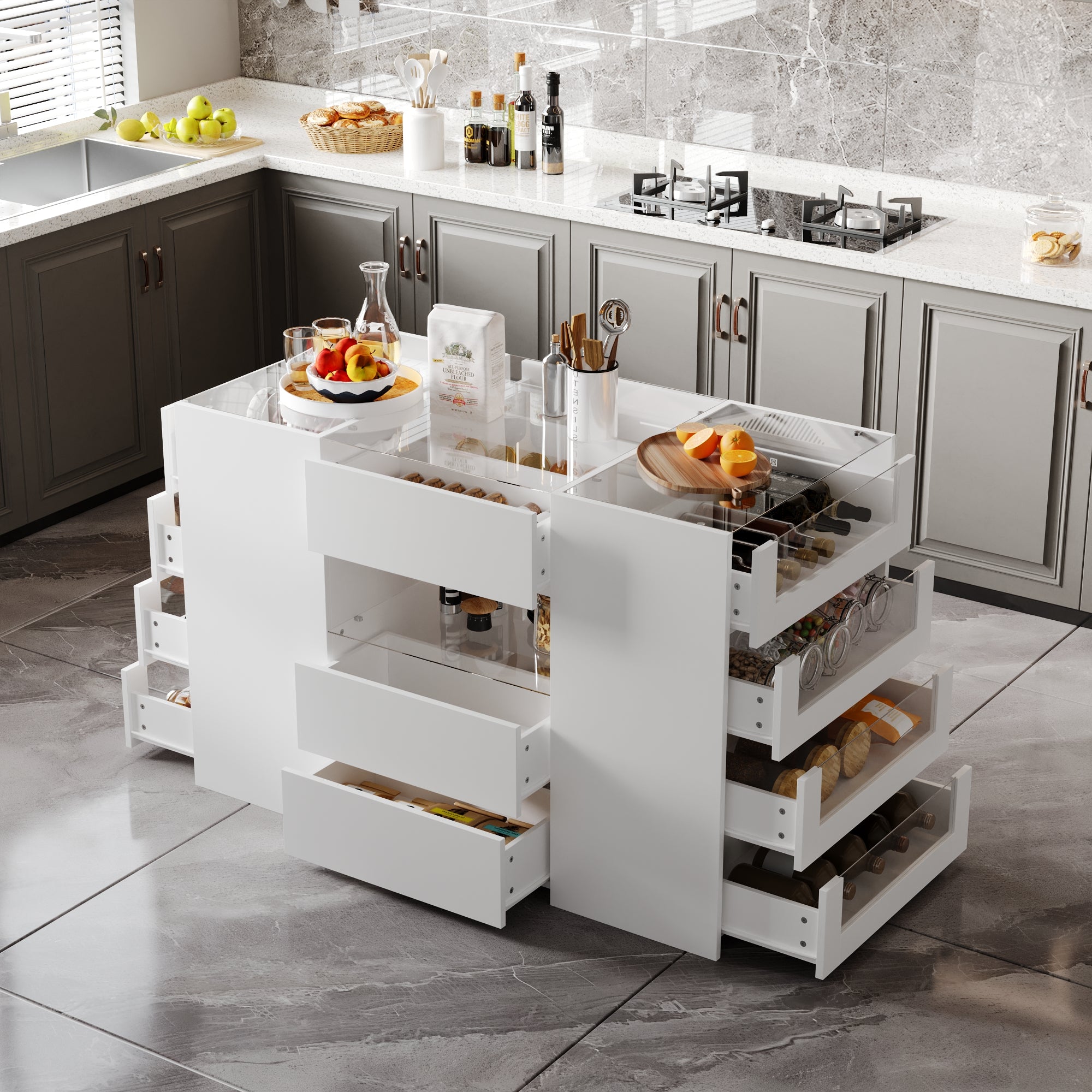 47.2 inch Modern White Kitchen Island with 14 Drawers and Tempered Glass Top