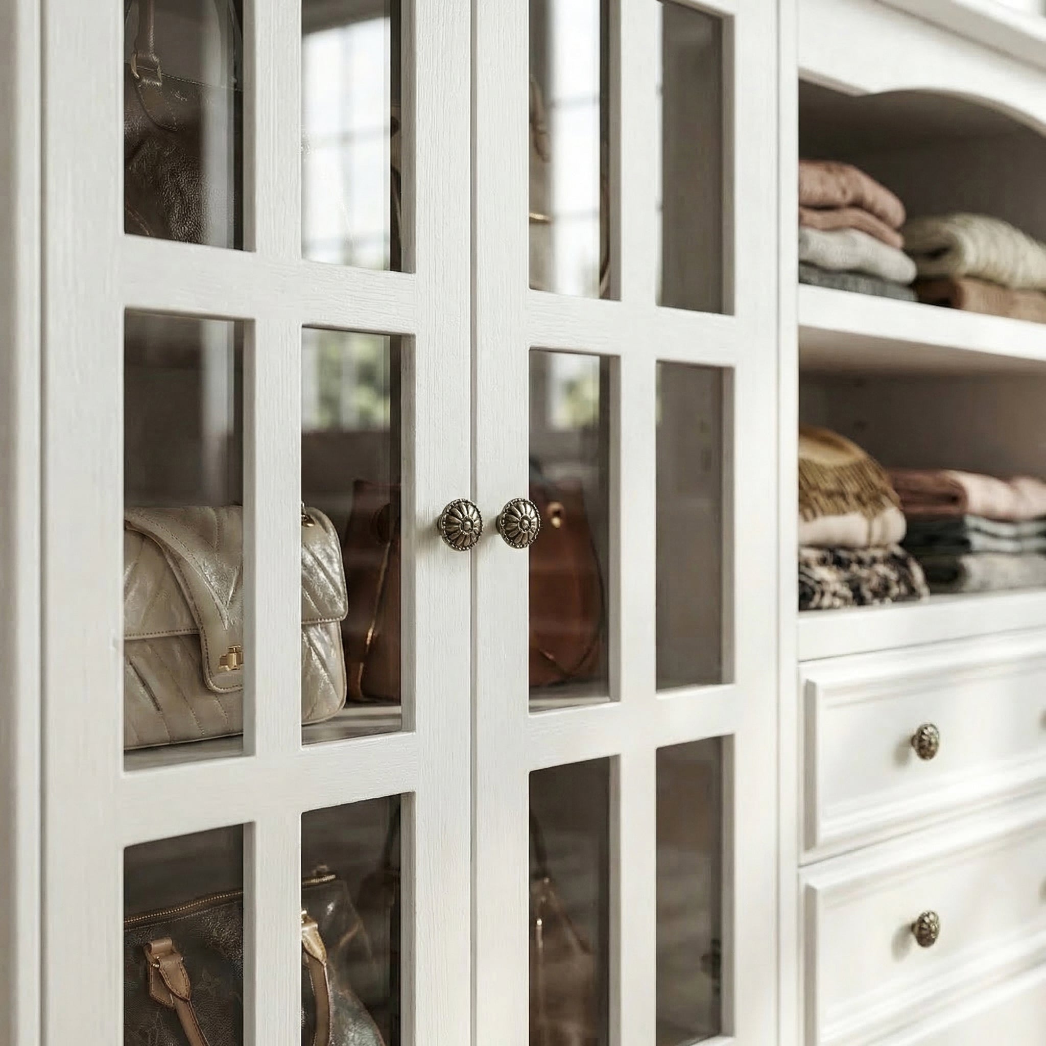 White kitchen island with glass cabinet doors, open shelves, and center drawers
