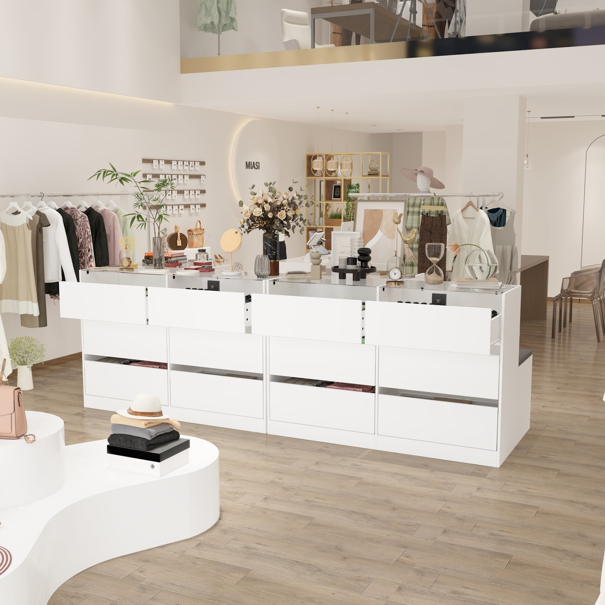 47.2 inches Modern White 4-Shelf Chest With Top And Comfortable Bench