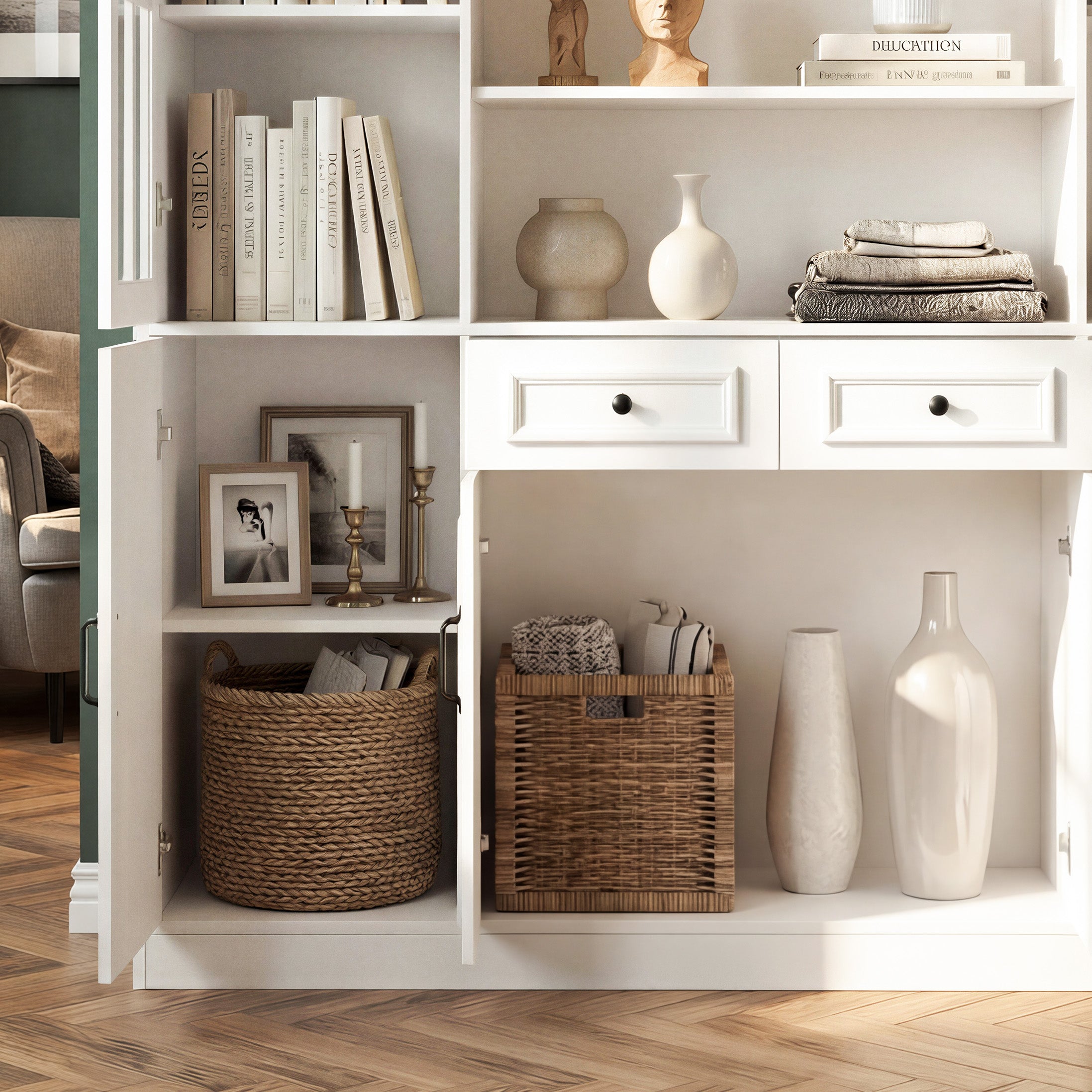 63 inches Modern White 2-Drawer Bookcase with Glass Doors