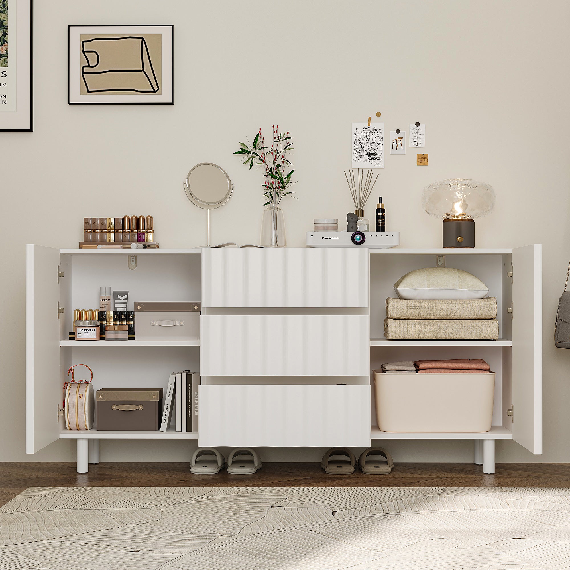 61" Wide White Accent Cabinet With 3 Drawers & 2 Doors