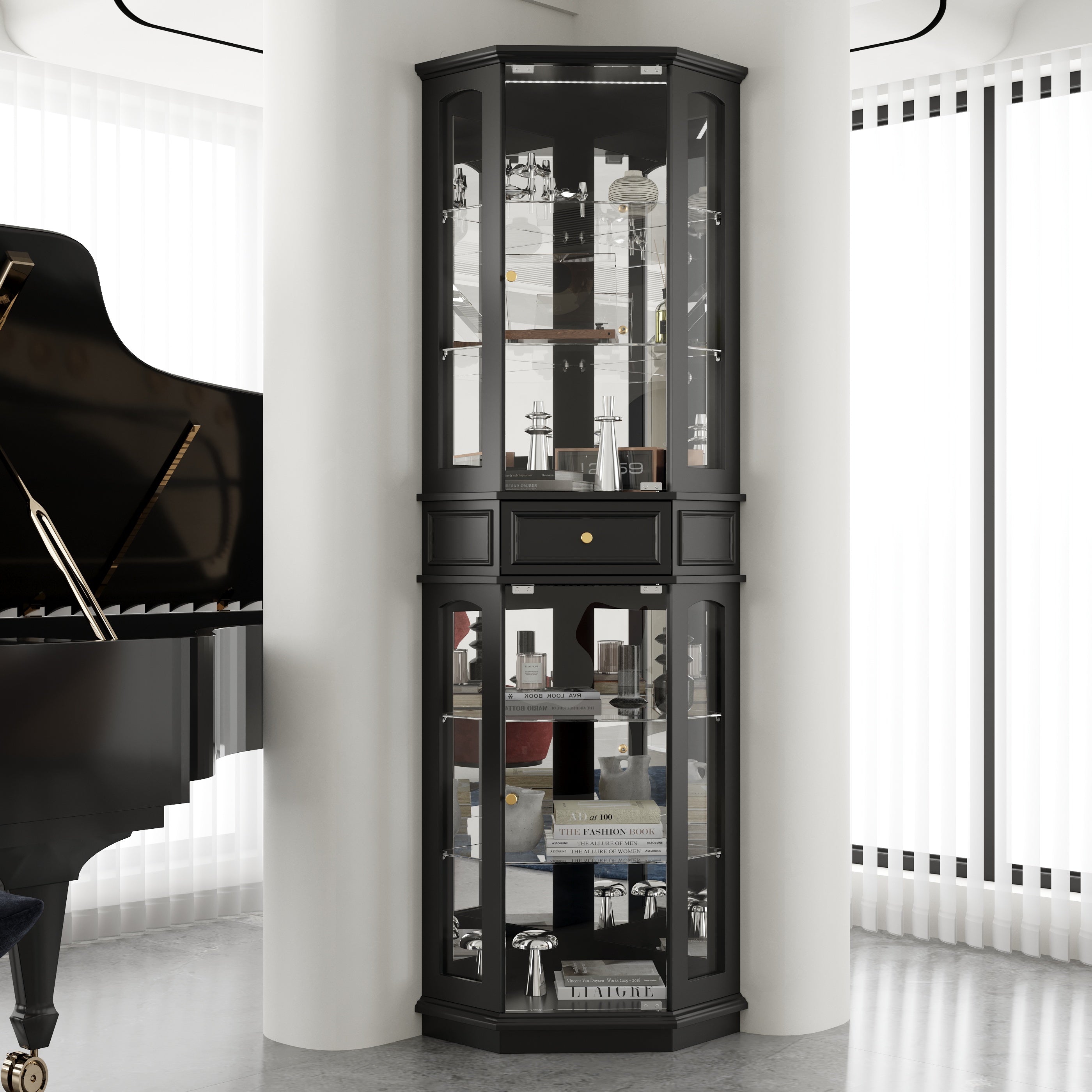 Black tall display cabinet with glass doors and center drawer