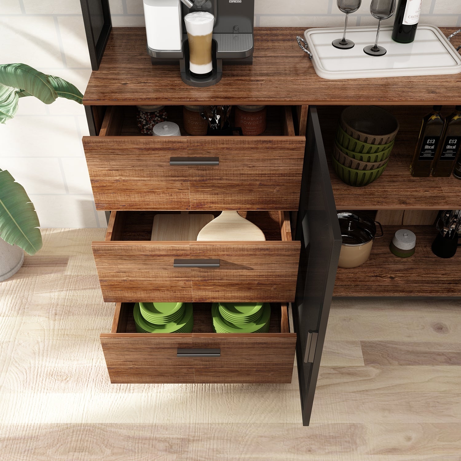 Large Kitchen Sideboard Display Cupboard with Drawers and Mesh Doors Wood Grain