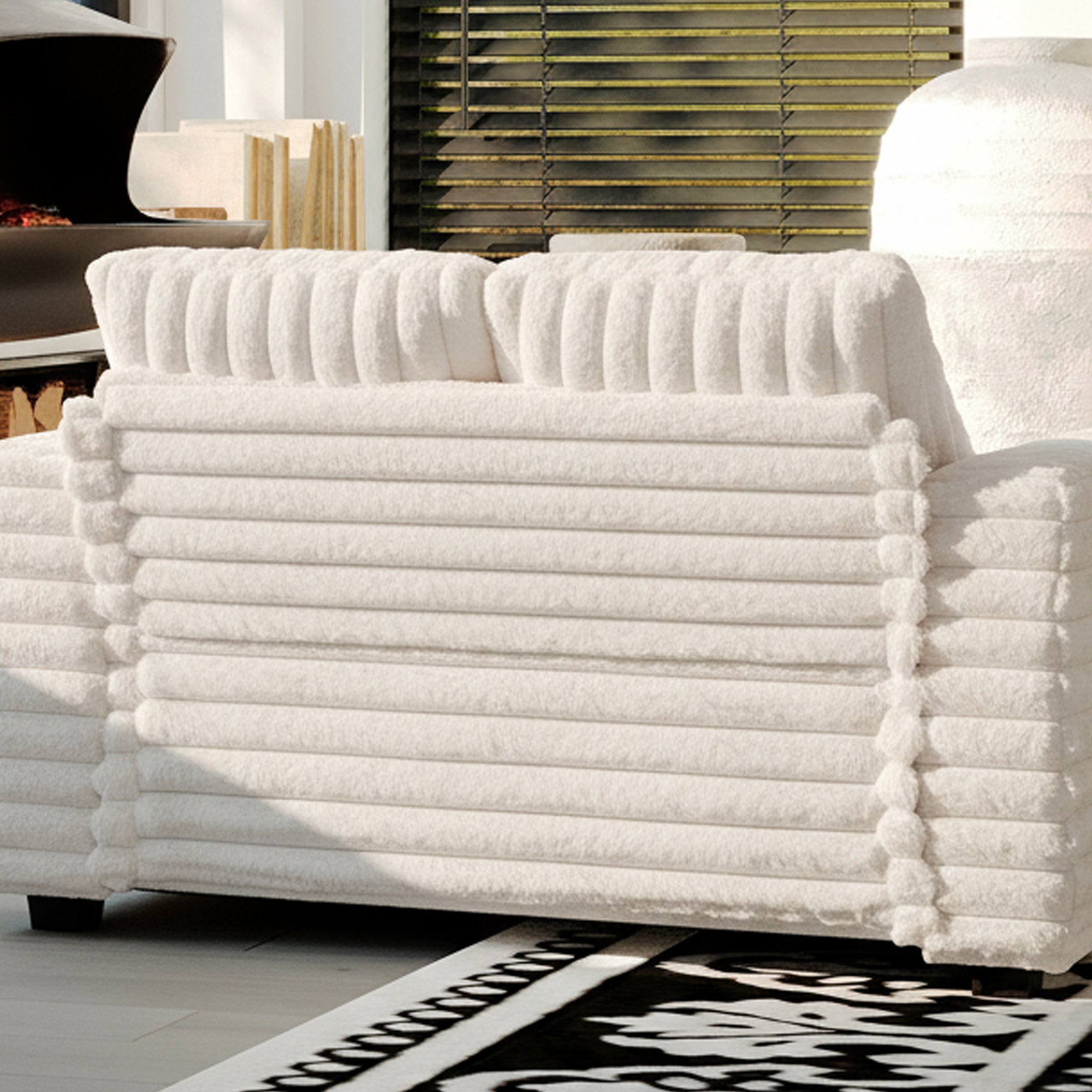 Oversized Modern Lounge Chaise Sofa Bed With Plush Faux Fur Upholstery And Pillow Set