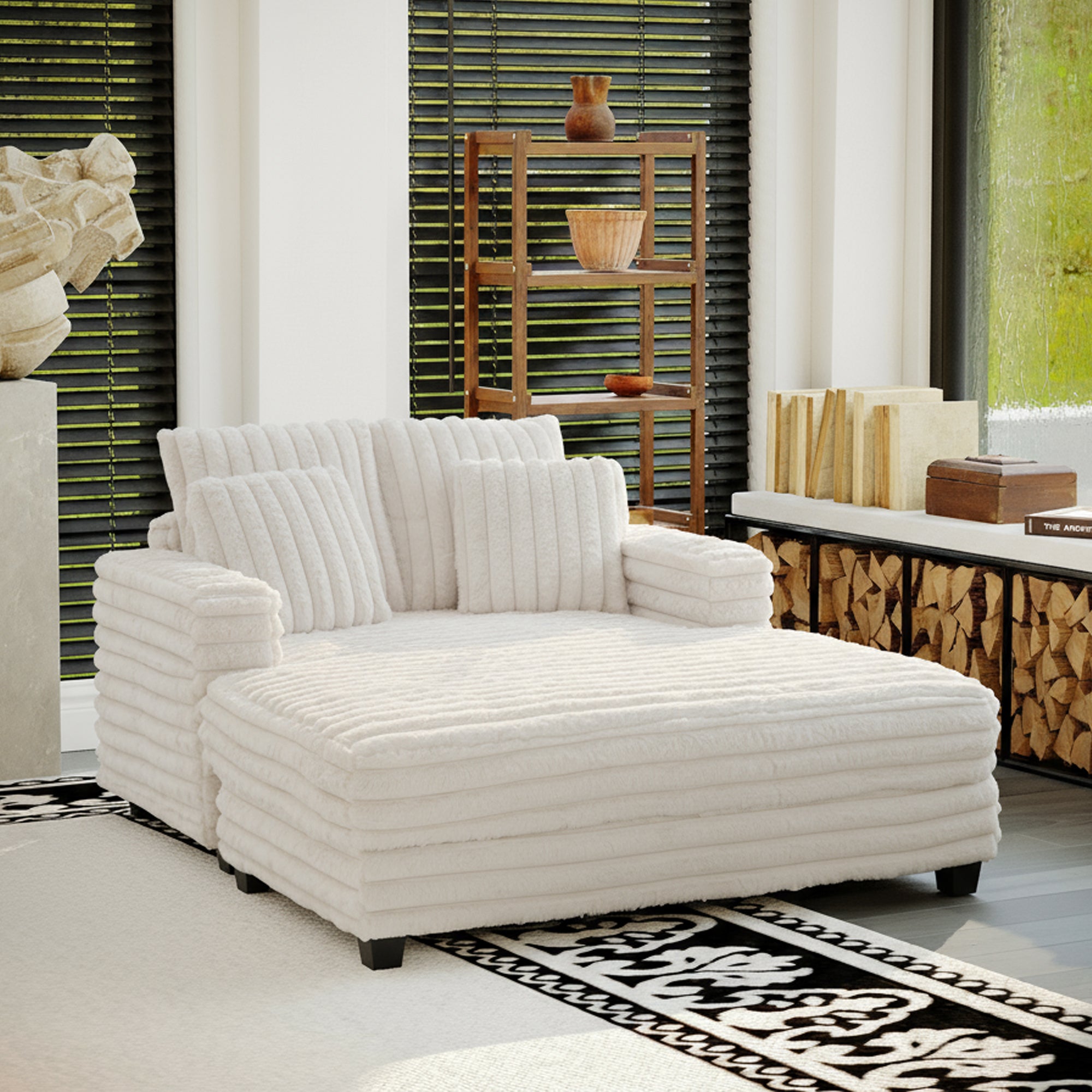 Oversized Modern Lounge Chaise Sofa Bed With Plush Faux Fur Upholstery And Pillow Set