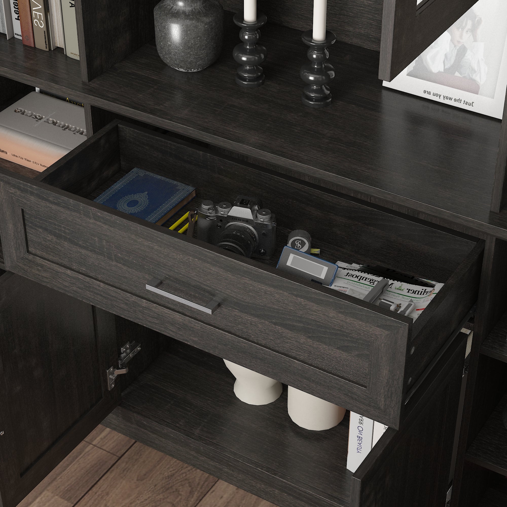 80'' H X 60.6'' W 6-Tier Bookcase With Glass Doors & Drawer