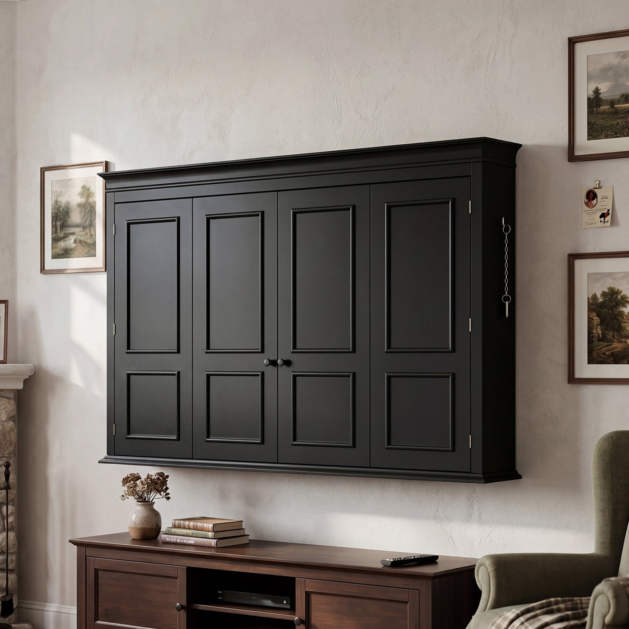65.7 inches Black Wall‑Mount Hidden TV Media Cabinet with 4 Panel Doors, Fits Up To 60 Inch TVs