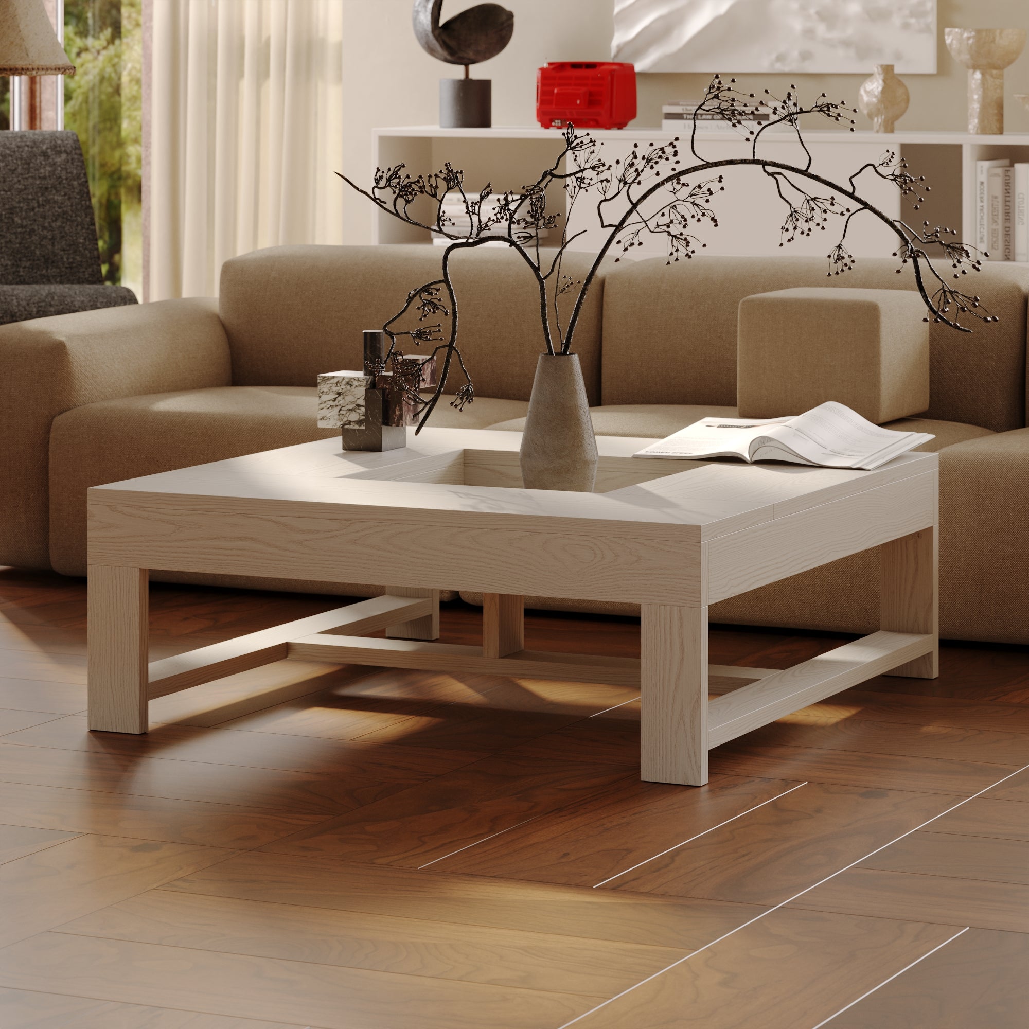 43.3'' Square Coffee Table With Groove Design-Sleek Design Meets Practical Functionality
