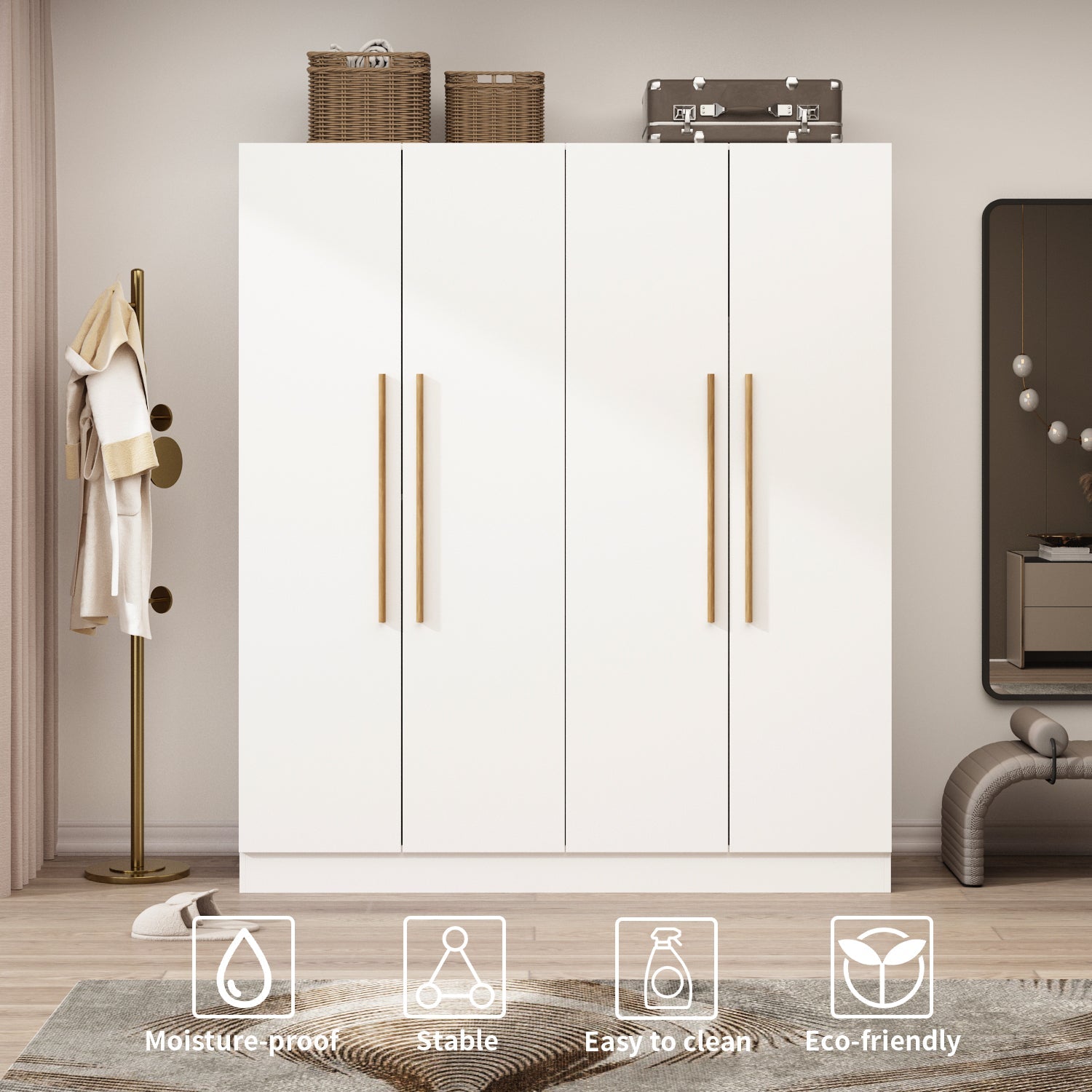 Armoire Solid Wood Clothes Organizer Storage Cabinet 4-Door Wardrobe Family Closet