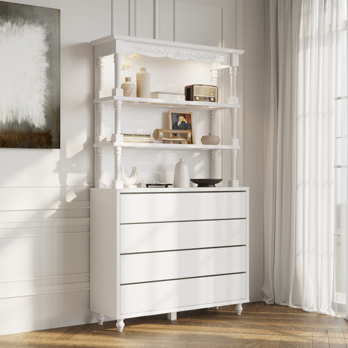 31.5 inch Contemporary White Display Cabinet with LED Lighting & Glass Doors