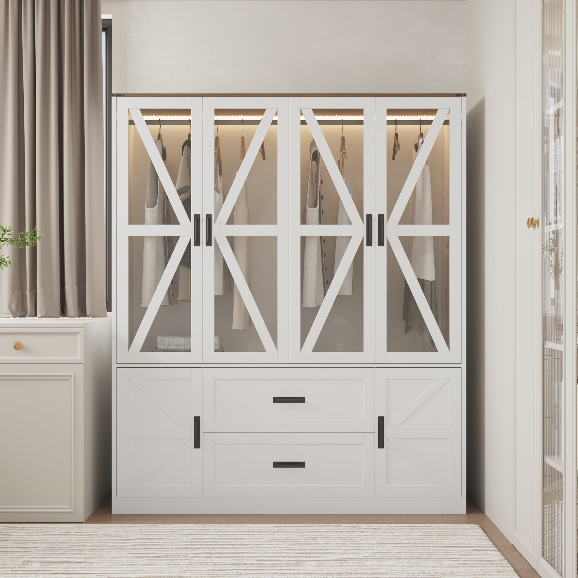 Modern Wardrobe With 3-Color-Lights And Tempered Glass Door