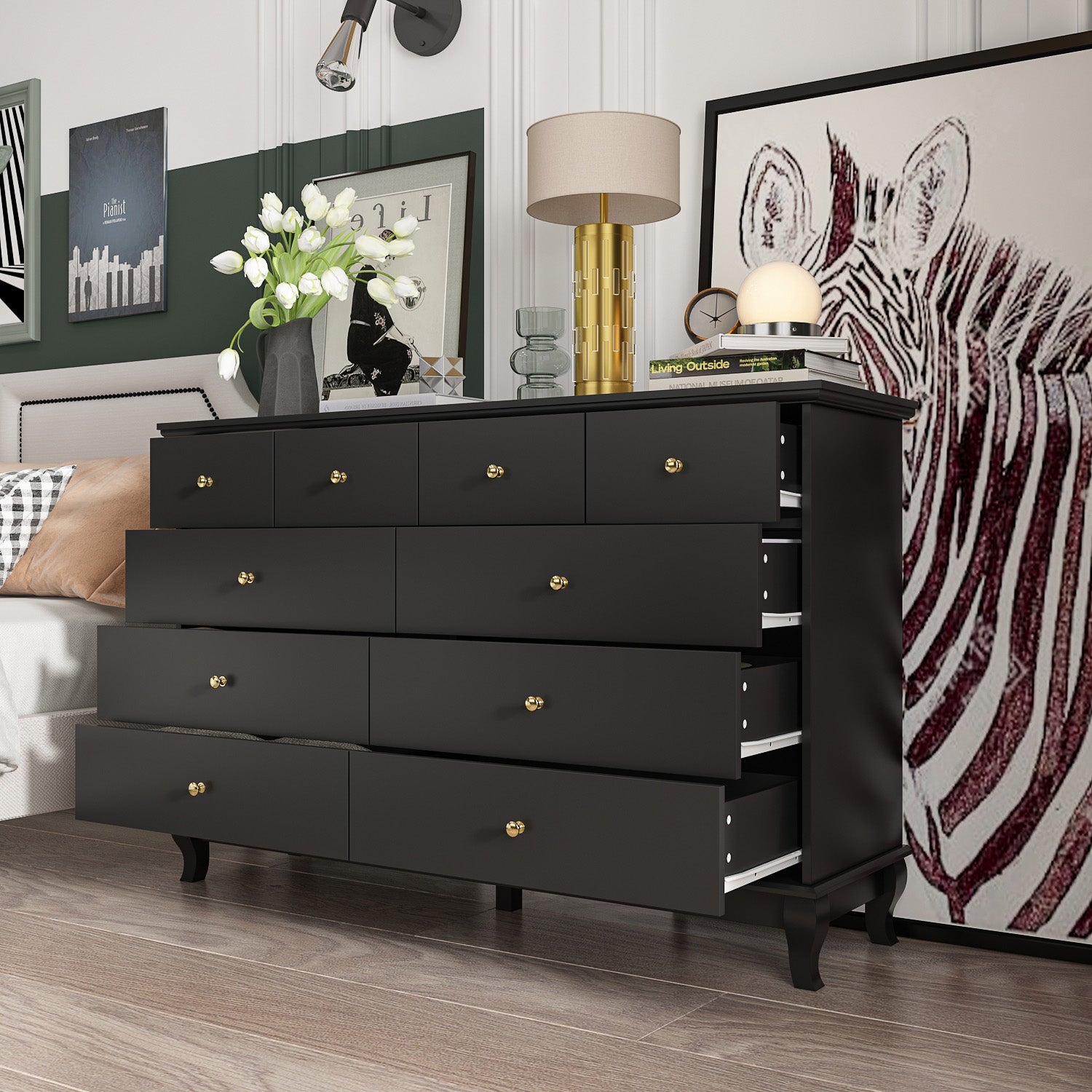 Credenza Storage Cabinet Double Dresser with Drawers & Silver Handle Doors