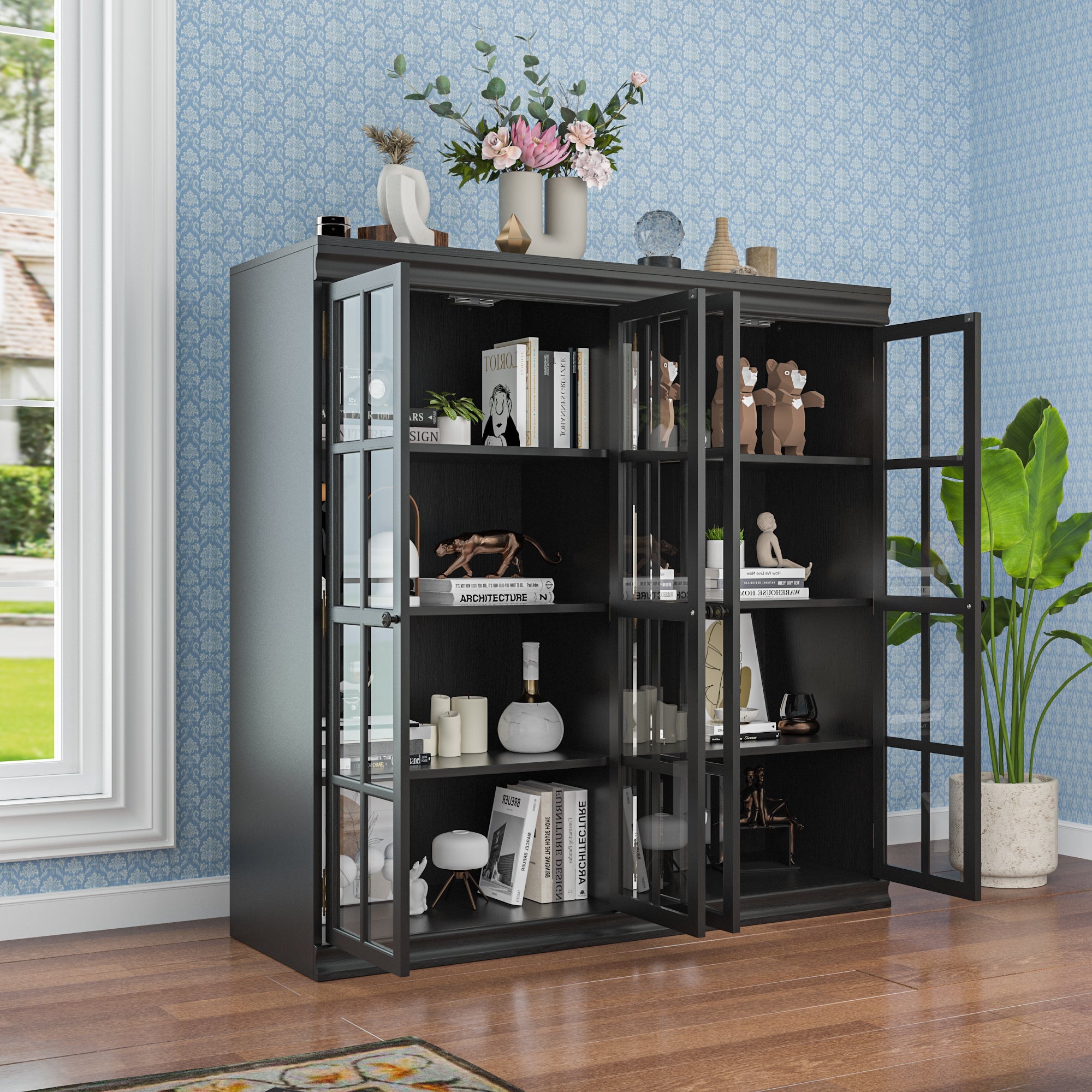 47.2"W Sideboard With 4 Glass Door Large Capacity Cabinet Home Storage