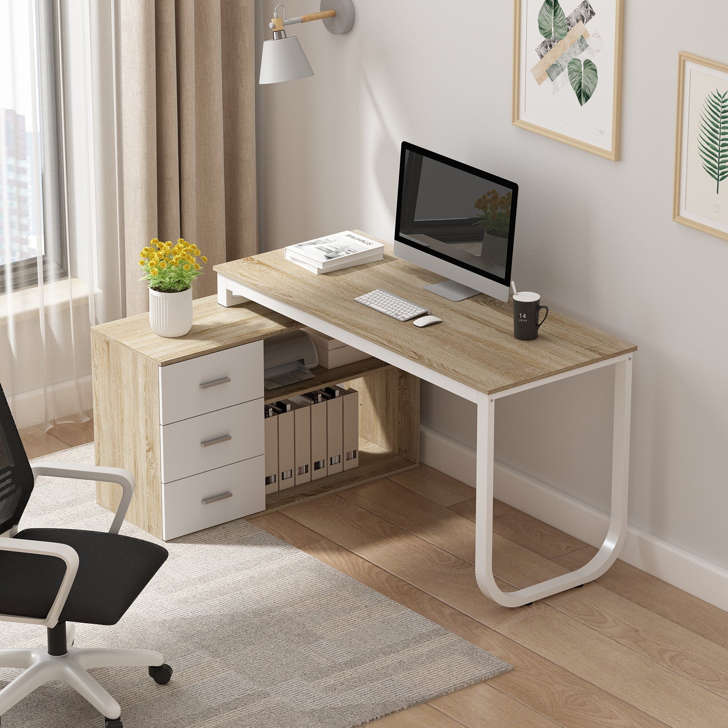 Home Office Computer Desk Corner Desk with 3 Drawers and 2 Shelves, 55 Inch Large L-Shaped Study Writing Table with Storage Cabinet