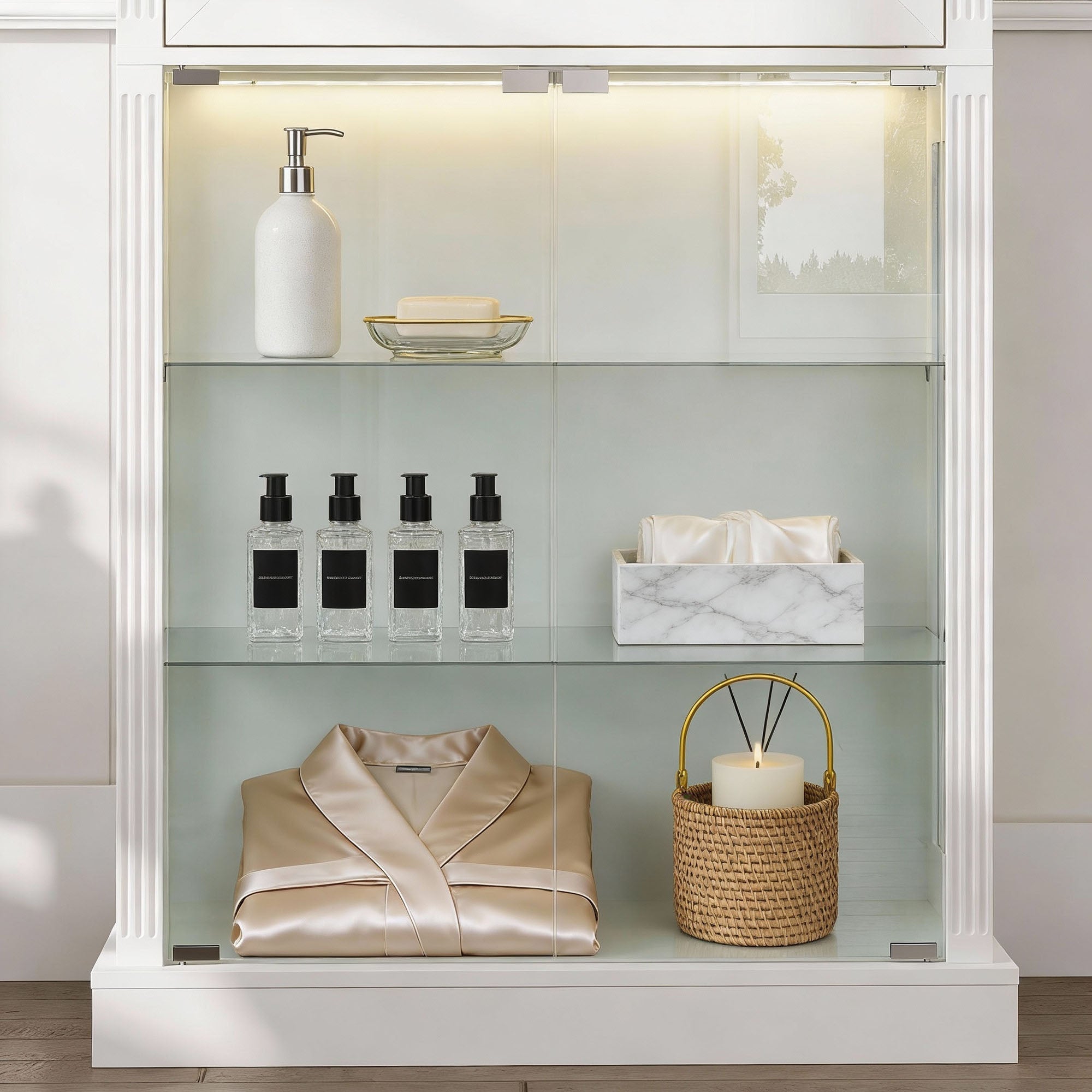 Elegant Bathroom Cabinet With Glass Doors & Smart LED Light
