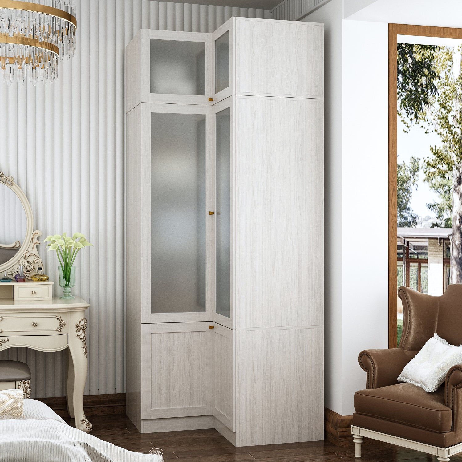 Multipurpose Darlah Corner Armoire with Solid & Manufactured Wood Construction