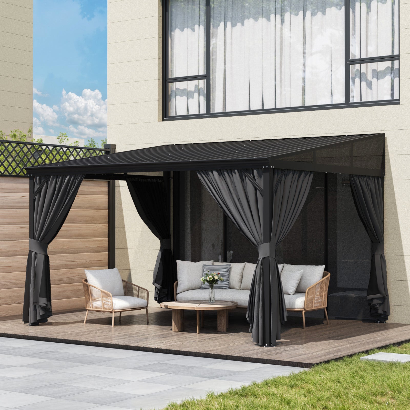 Wall-Mounted Hardtop Gazebo With Curtains & Mosquito Net For 6-7 People