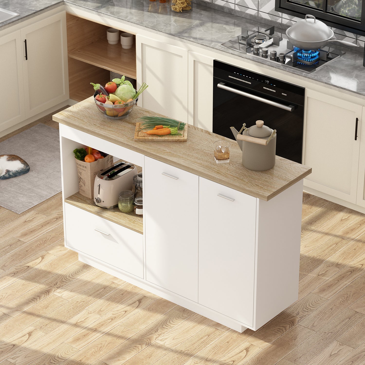Kitchen Island with Open Storage and Adjustable Shelf Modern Style