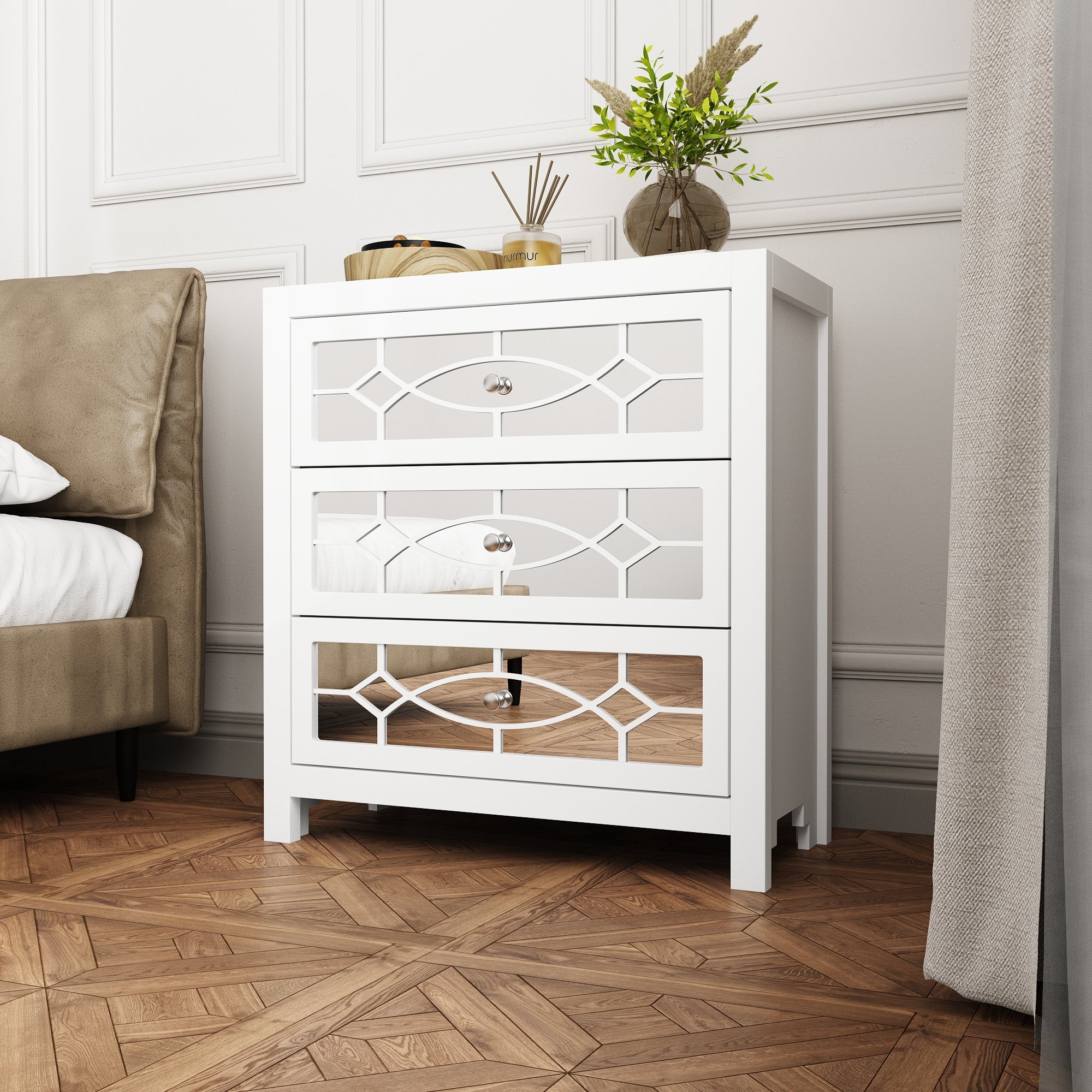 26'' Mirrored 3-Drawer Dresser with Geometric Pattern