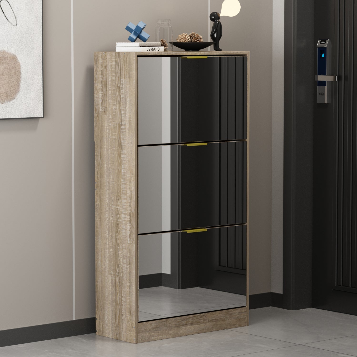 Entryway Shoe Storage Cabinet with 3 Flip Drawers Wood Shoe Cabinet Shoe Organizer with Mirrored Front