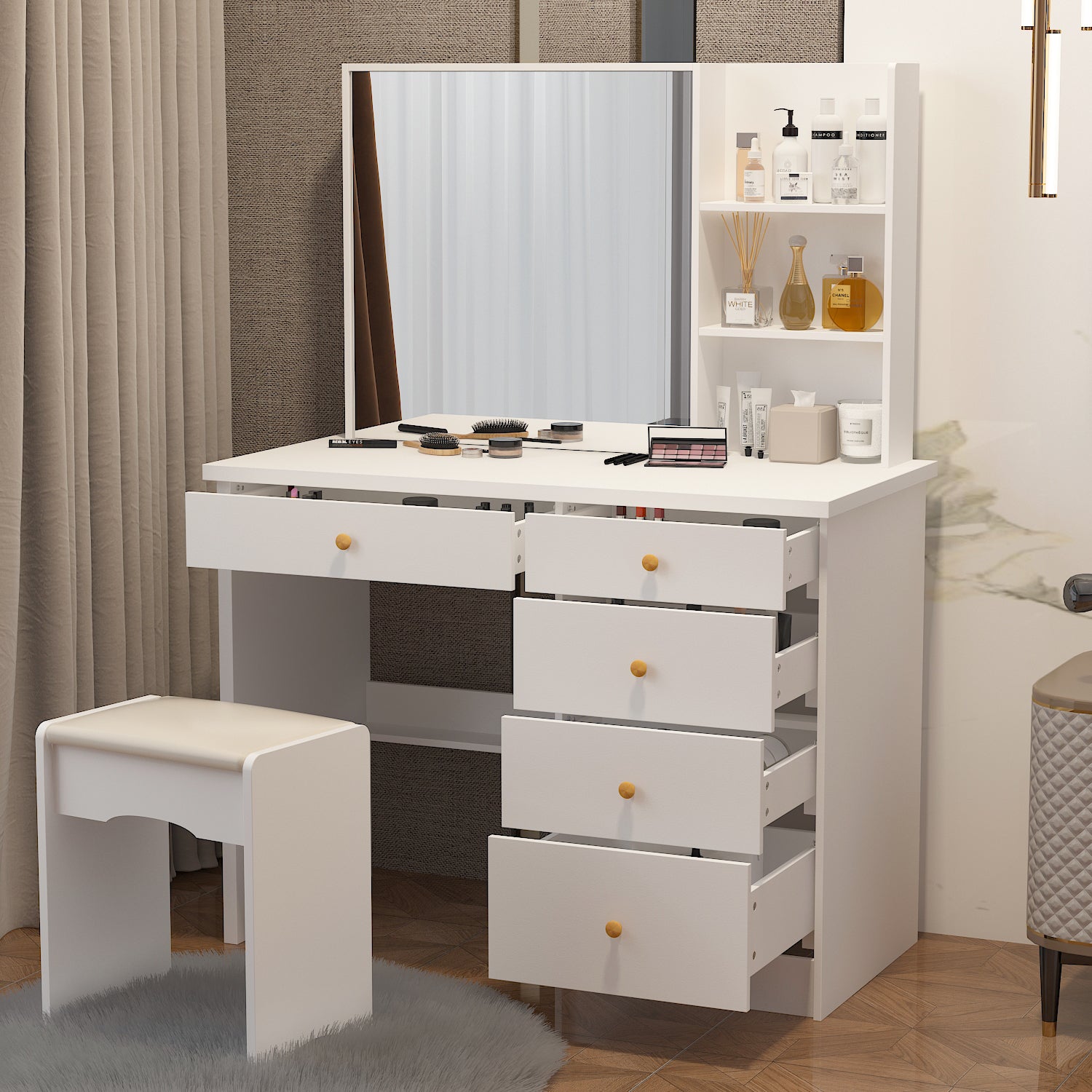 Makeup Vanity Set with Cushioned Stool, 5 Drawers & Shelves