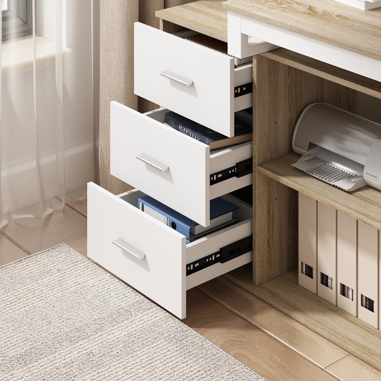 Home Office Computer Desk Corner Desk with 3 Drawers and 2 Shelves, 55 Inch Large L-Shaped Study Writing Table with Storage Cabinet