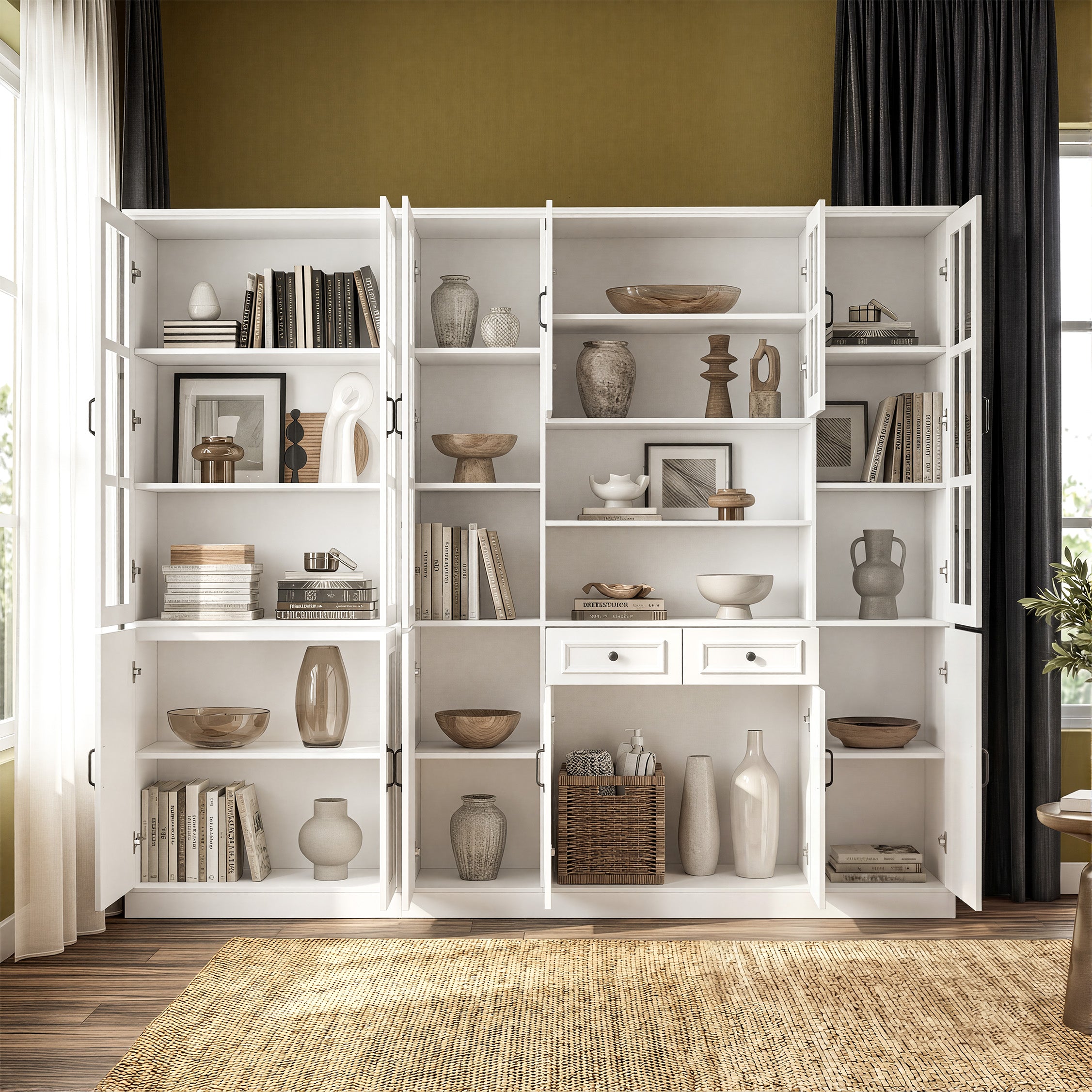 94.5 inch Modern White Tall Display Bookcase with 6 Tiers & Gold Arched Handles