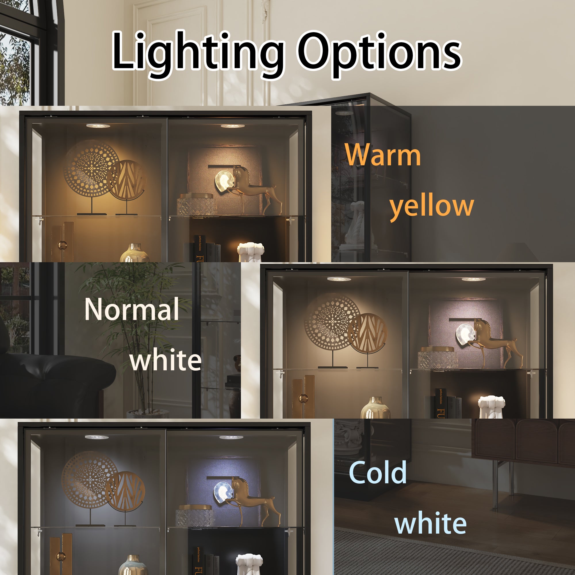 39.4 inches Modern Black 5-Tier Curio Cabinet with Sliding Glass Doors and LED Lights