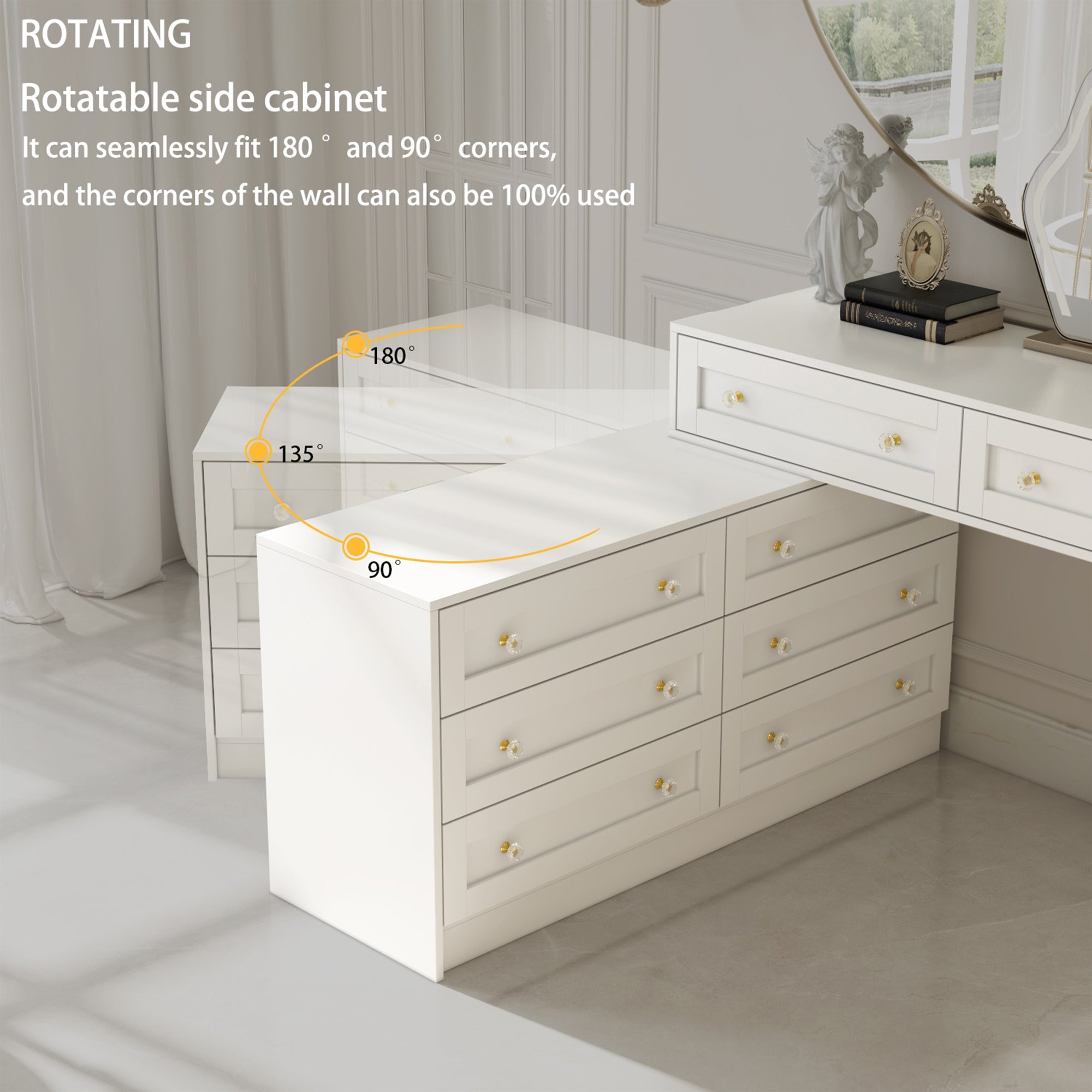 White Dresser and Vanity Versatile Storage Solution Crystal Desk